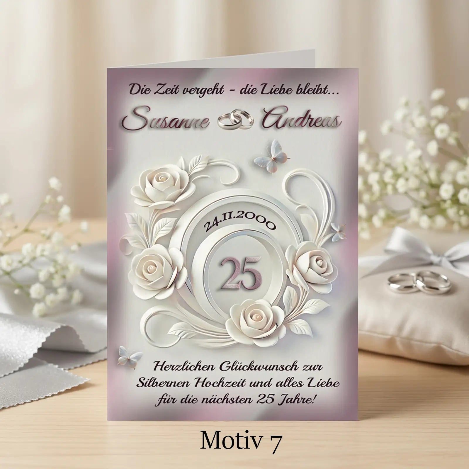 Diese Glückwunschkarte ist ein personalisiertes Geschenk zur Silberhochzeit und wird mit Namen zum 25. Hochzeitstag gestaltet.