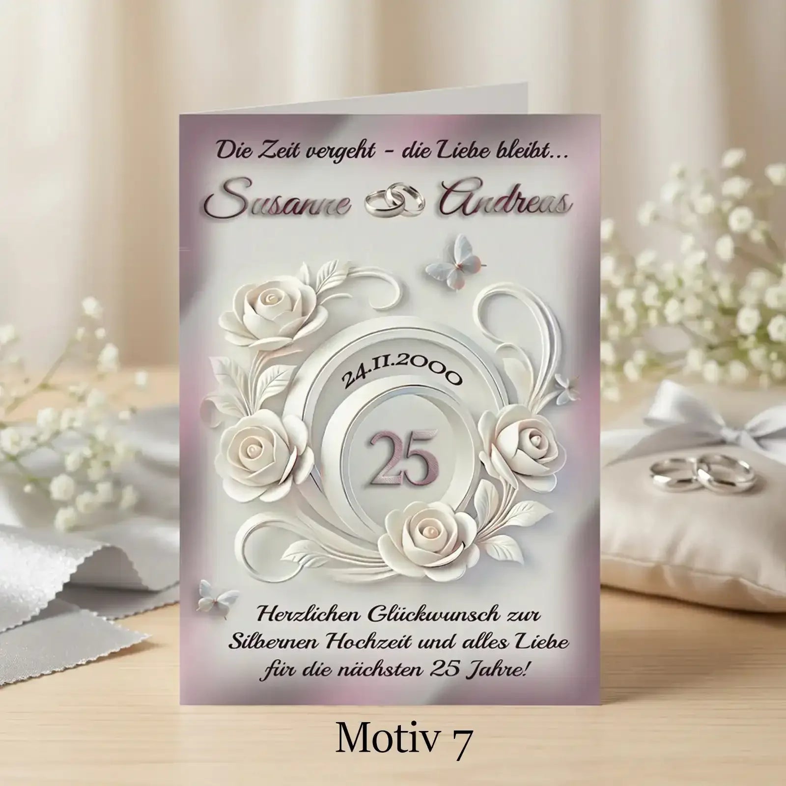 Diese Glückwunschkarte ist ein personalisiertes Geschenk zur Silberhochzeit und wird mit Namen zum 25. Hochzeitstag gestaltet.