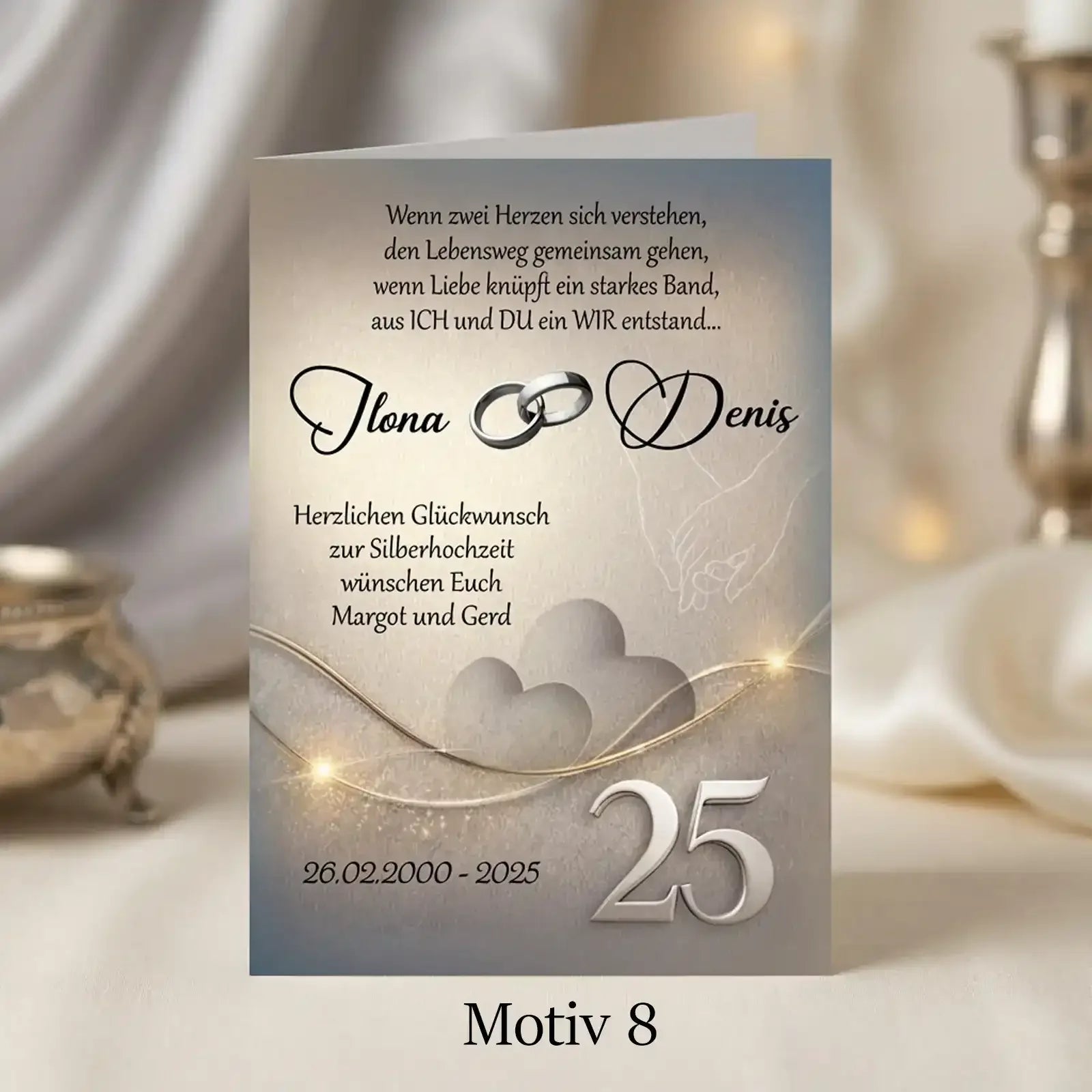 Diese Grußkarte ist ein personalisiertes Geschenk zur Silberhochzeit und würdigt den 25. Hochzeitstag mit Namen.