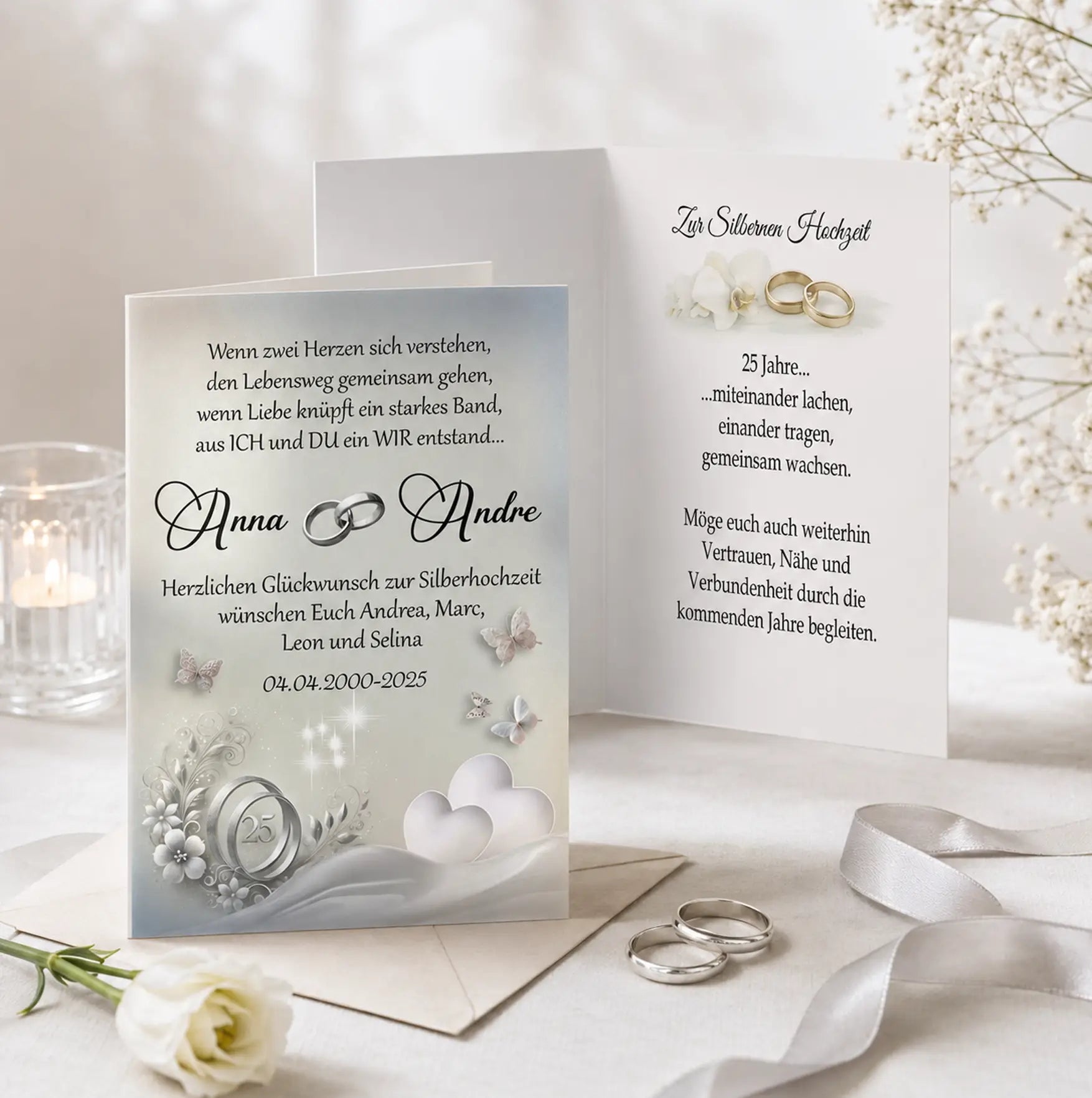 Geschenk zur Silbernen Hochzeit, bezaubernde Grußkarte mit Innendruck zum 25. Hochzeitstag. Personalisiert mit Namen, Hochzeitsdatum und Widmung. Motiv1