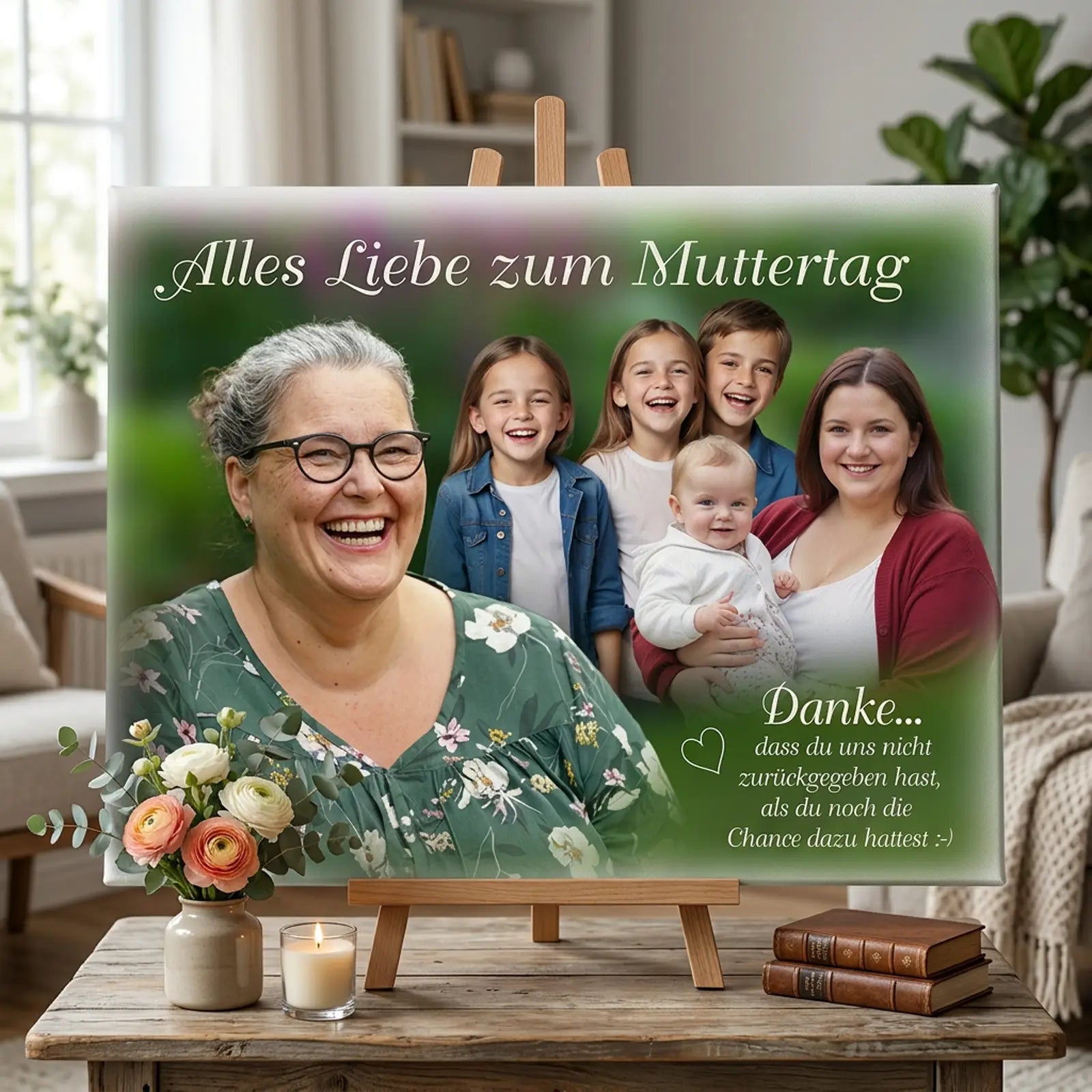 personalisiertes Geschenk mit Foto und Namen als hochwertige Leinwand zum Muttertag, liebevoll gestaltet als einzigartiges Erinnerungsbild