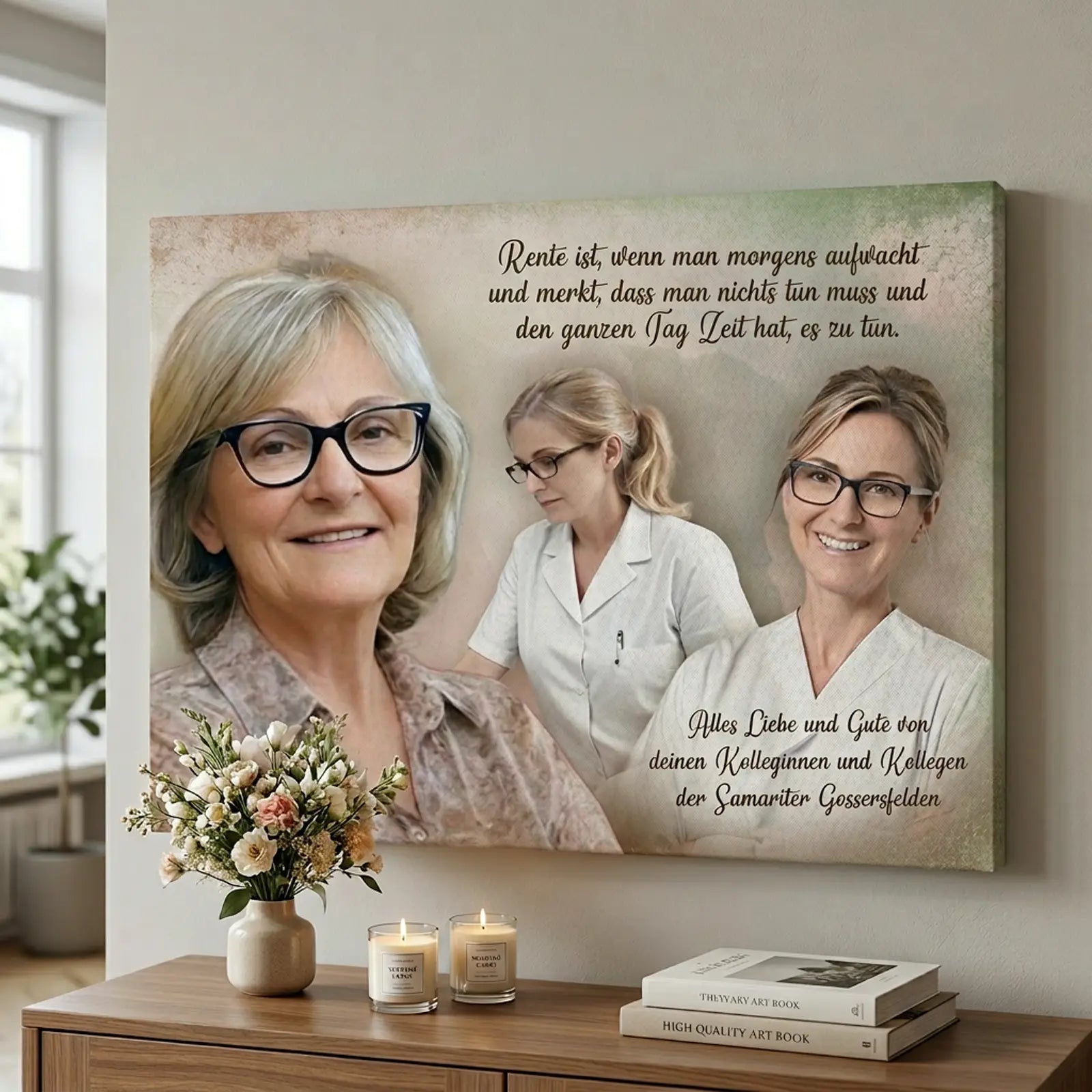 liebevolles Geschenk mit Foto und Namen auf Leinwand, personalisiert als Abschiedsgeschenk zur Rente und als außergewöhnliches Erinnerungsstück umgesetzt