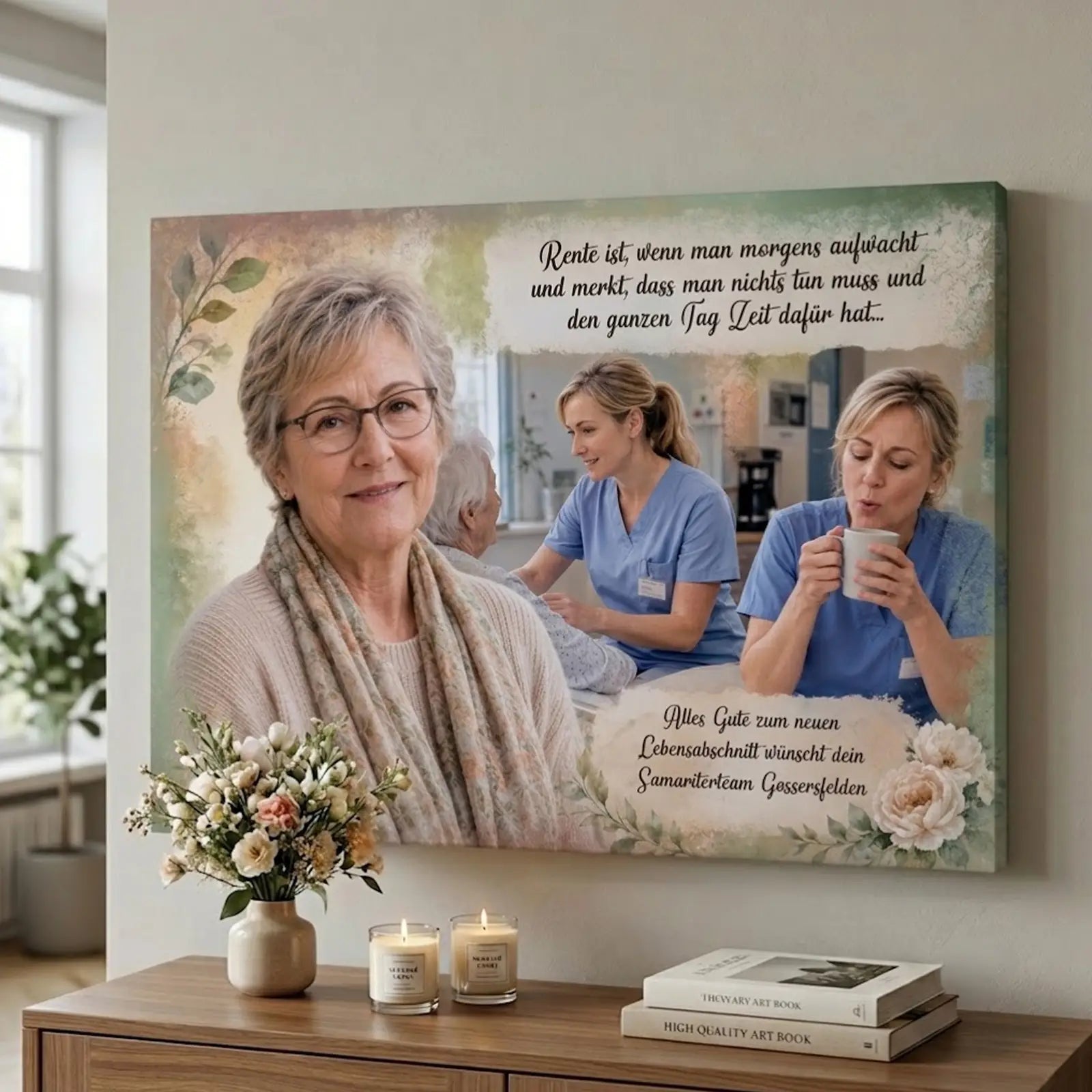 liebevolles Geschenk mit Foto und Namen auf Leinwand, personalisiert als Abschiedsgeschenk zur Rente und als außergewöhnliches Erinnerungsstück umgesetzt