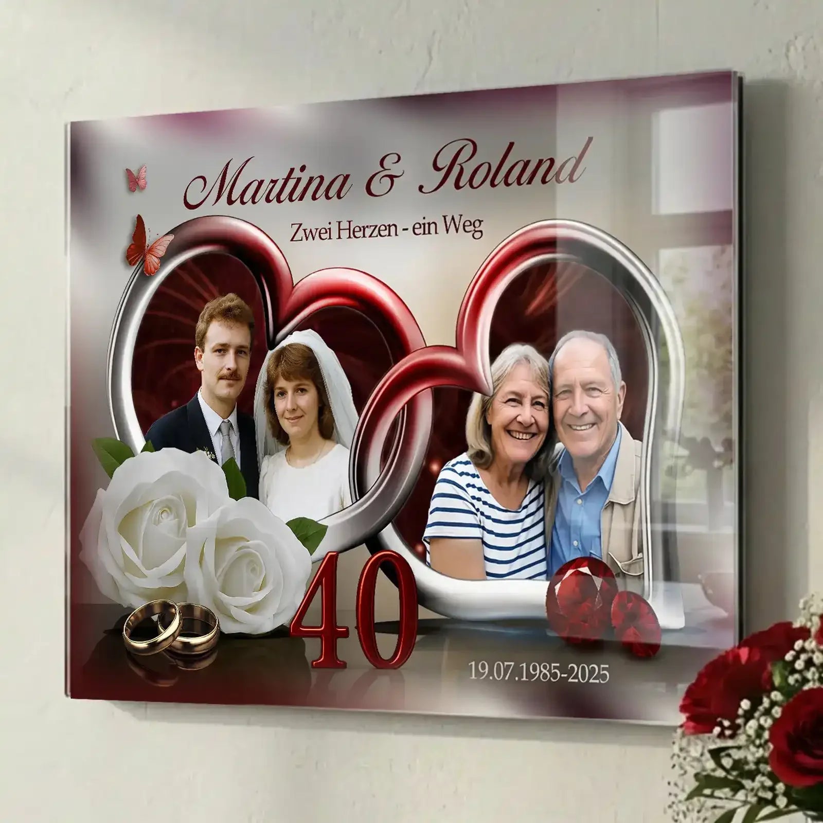 Geschenk zur Rubinhochzeit - speziell gestaltet zum 40. Hochzeitstag. Acrylglasbild mit den Namen Martina und Roland.