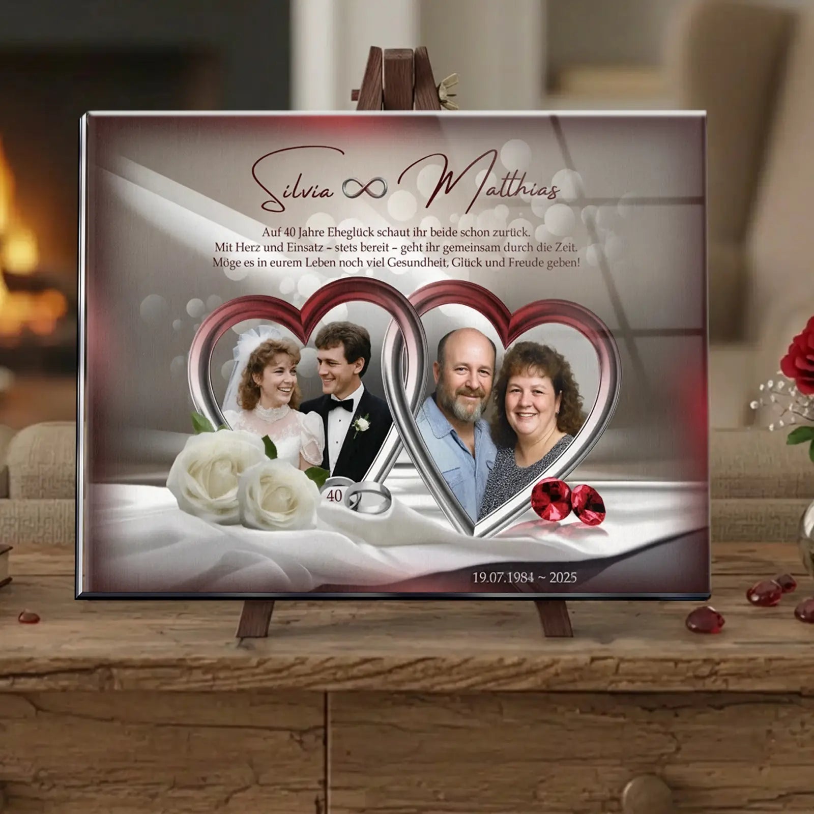 Geschenk zur Rubinhochzeit - hochwertiges Acrylglasbild mit Herzmotiven und persönlichen Bildern zum 40. Hochzeitstag.