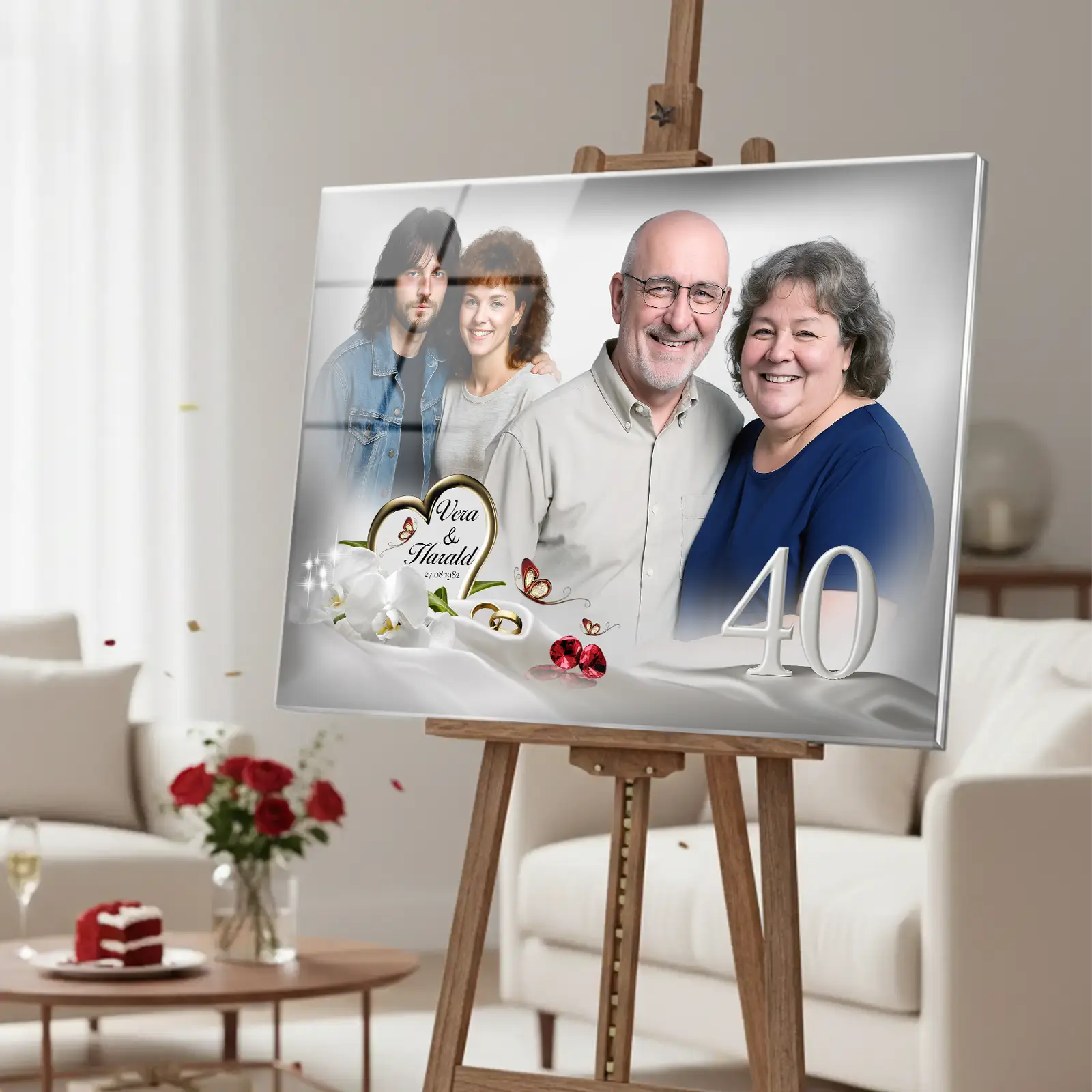 Geschenk zur Rubinhochzeit - exklusiv und persönlich gestaltet zum 40. Hochzeitstag. Acrylglasbild mit den Namen Vera und Harald