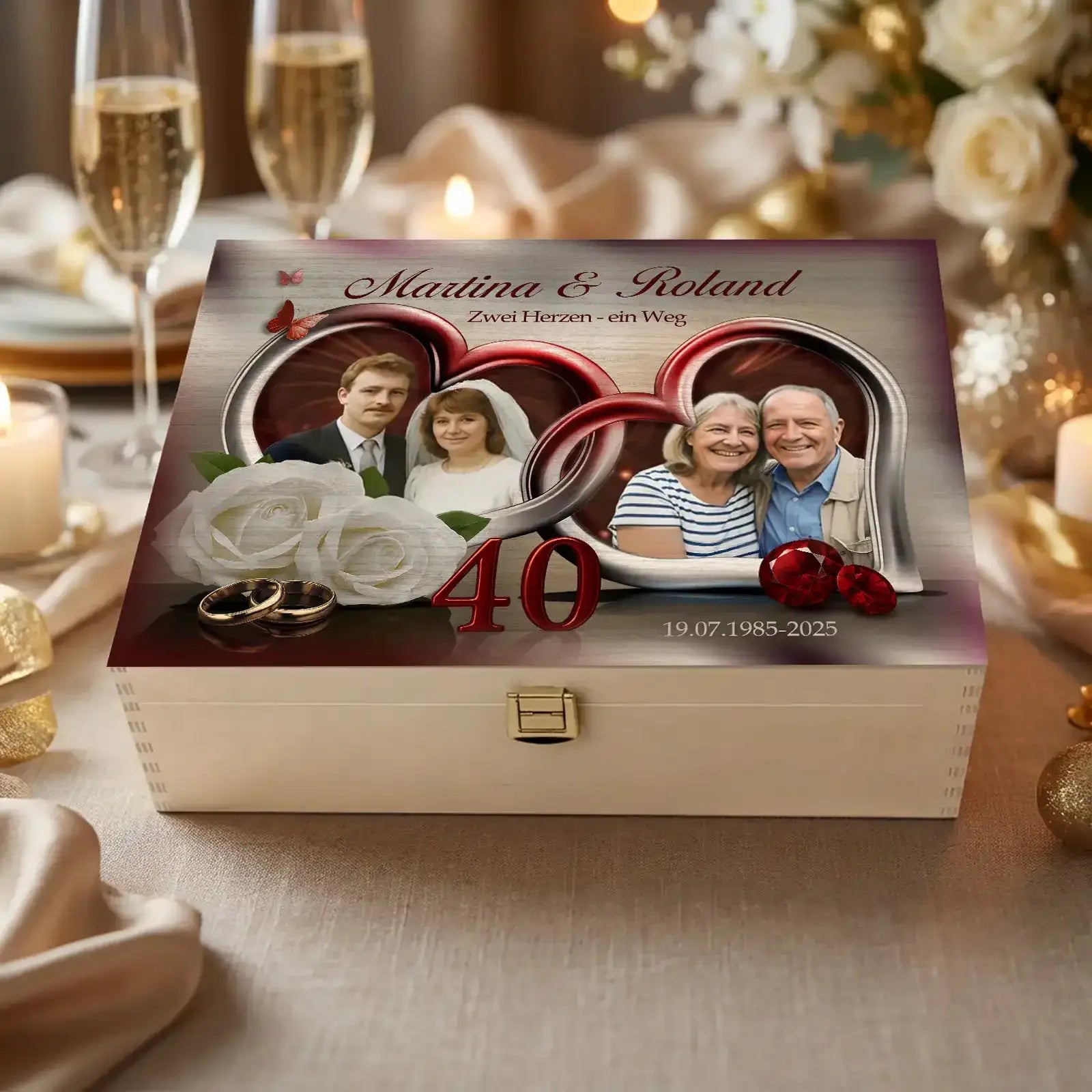 Holzbox als Geschenk zum 40. Hochzeitstag mit Foto damals und heute zur Rubinhochzeit