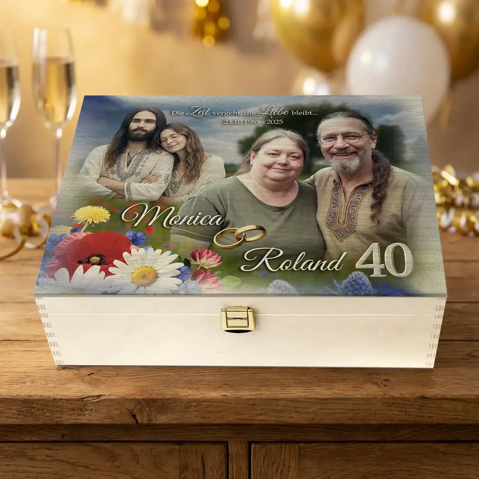 Personalisierte Holzbox zur Rubinhochzeit mit Foto damals und heute für den 40. Hochzeitstag
