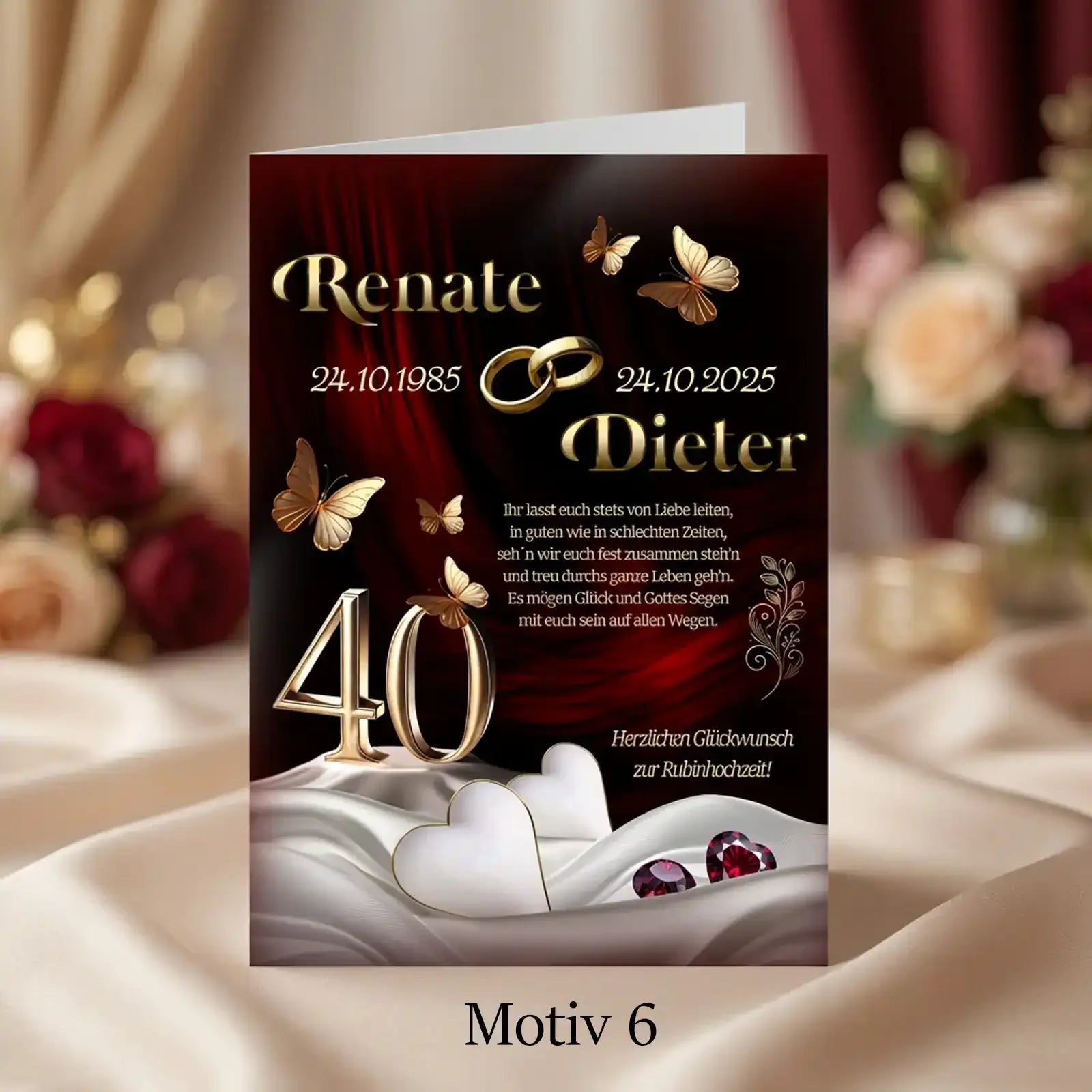 Diese Karte ist ein personalisiertes Geschenk zur Rubinhochzeit und wird mit Namen individuell zum 40. Hochzeitstag erstellt.