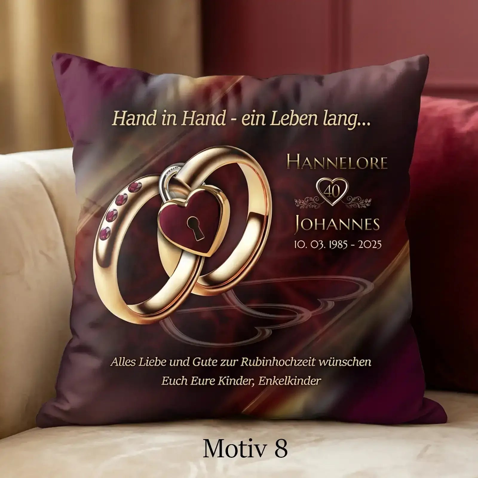 Geschenk zum 40. Hochzeitstag. Personalisiertes Kissen zur Rubinhochzeit mit stilvollem Motiv, Namen und Datum.
