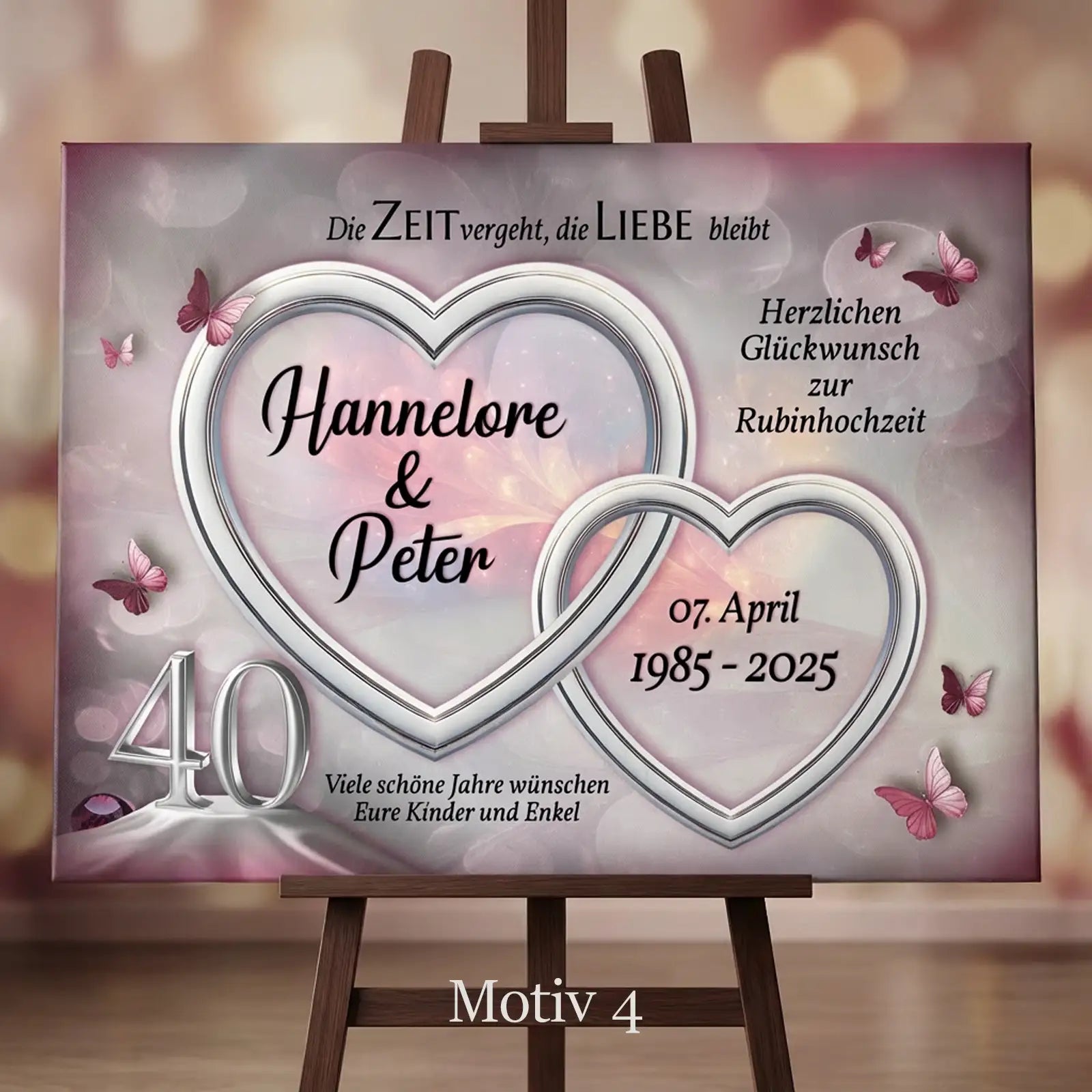 Geschenk zum 40. Hochzeitstag. Personalisierte Leinwand zur Rubinhochzeit mit individuellem Motiv, Namen und Datum.