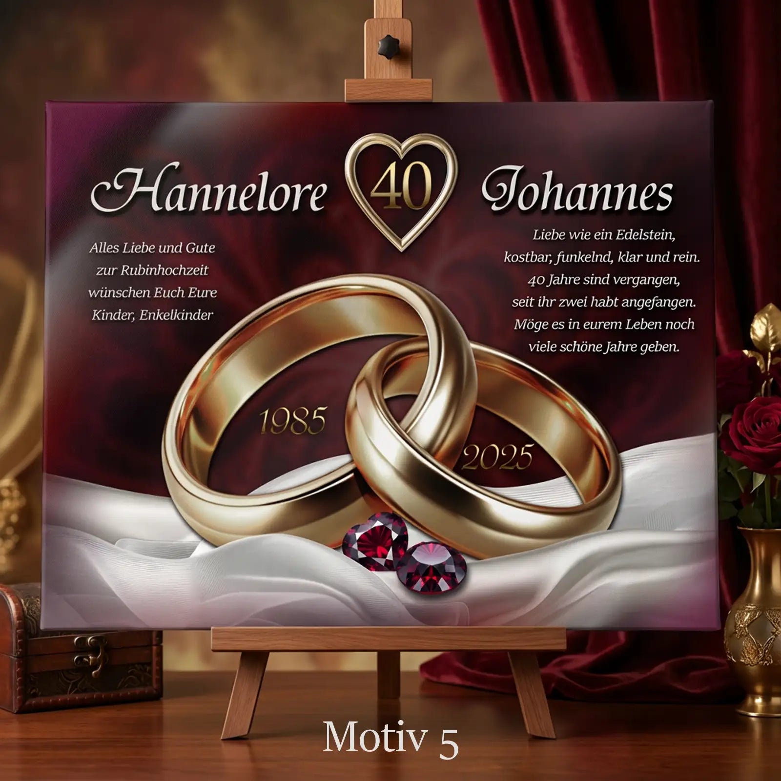 Besonderes Geschenk zum 40. Hochzeitstag. Leinwand zur Rubinhochzeit personalisiert mit Namen und Datum.