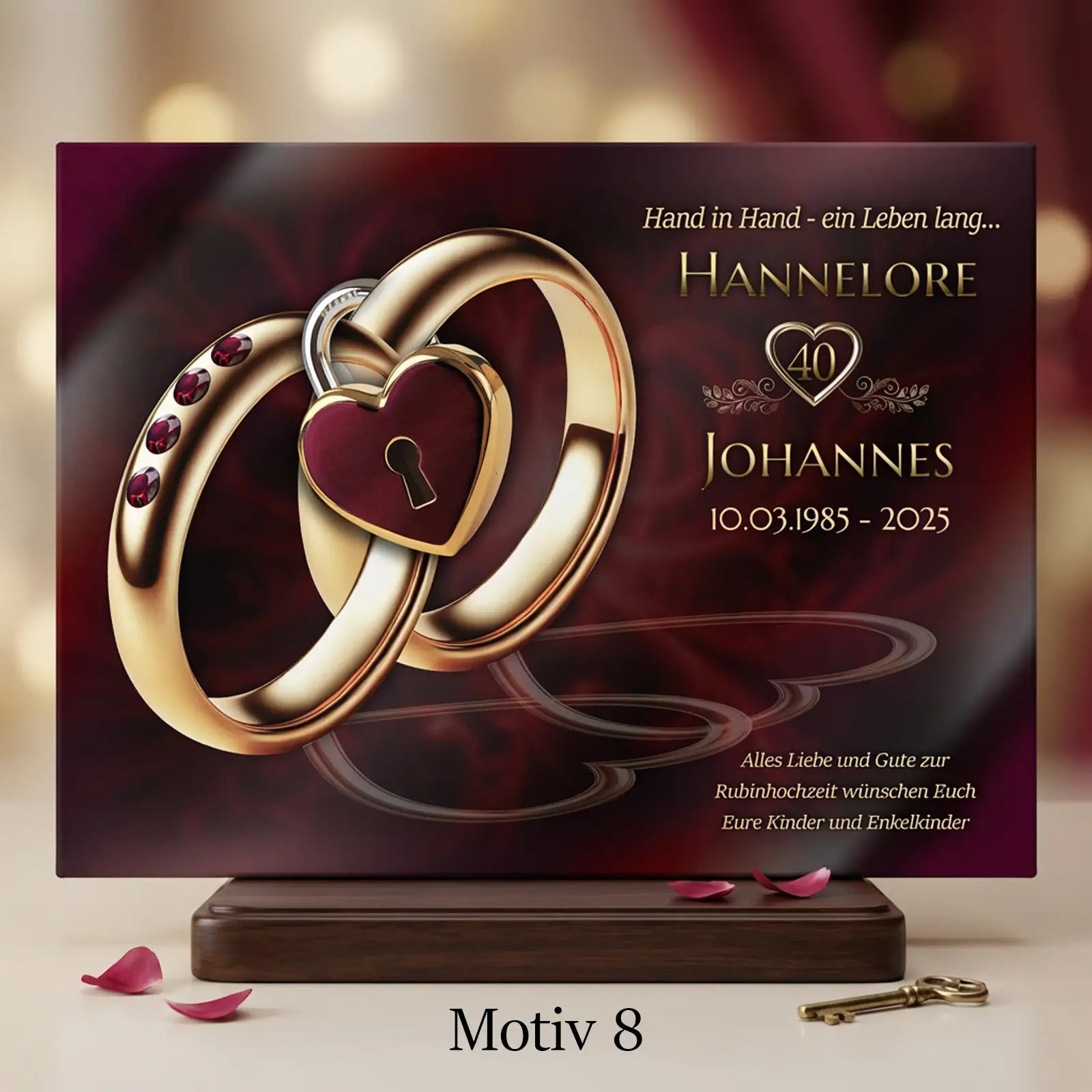 Einzigartiges Geschenk zum 40. Hochzeitstag. Leinwand zur Rubinhochzeit personalisiert mit Namen und Datum.