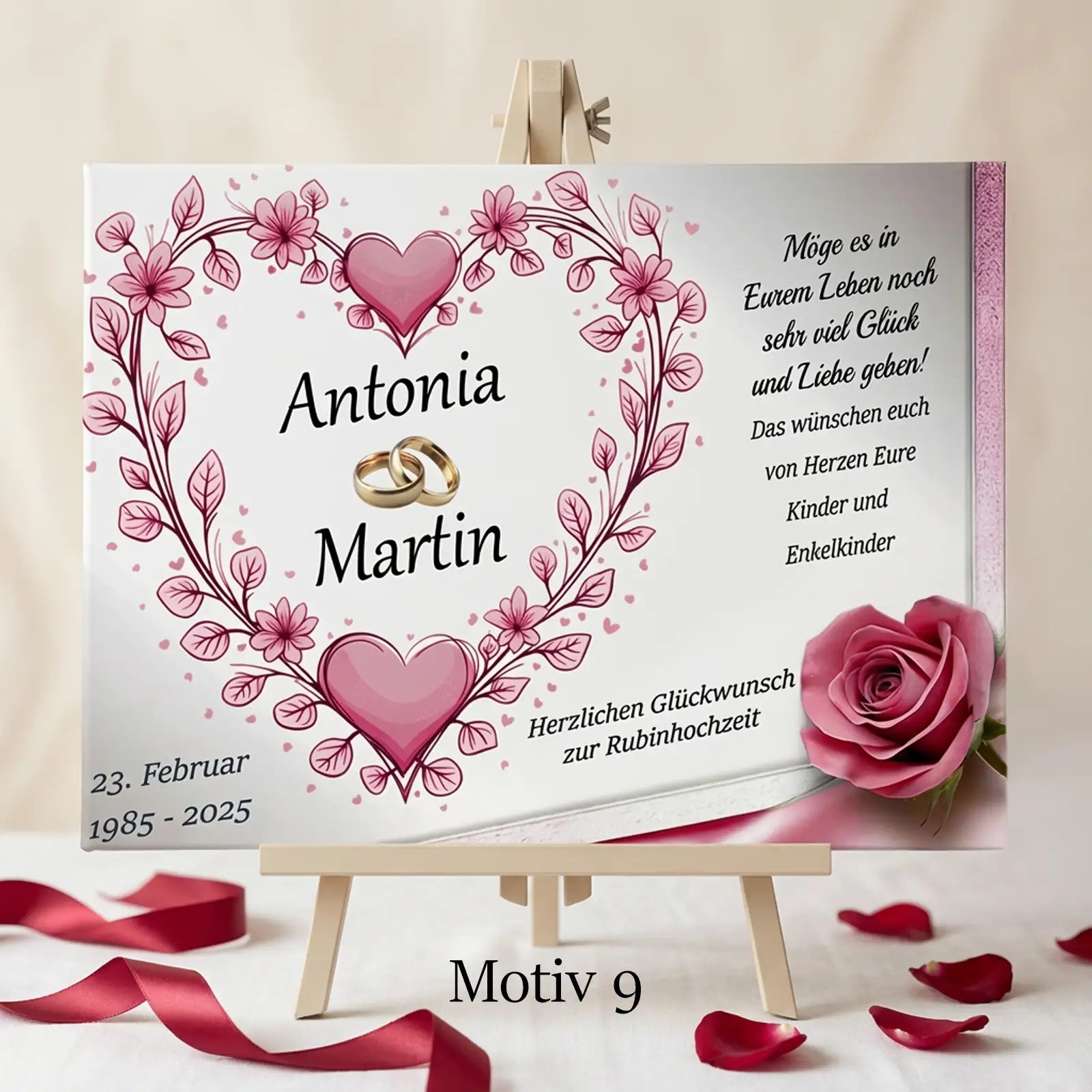 Geschenk zum 40. Hochzeitstag. Personalisierte Leinwand zur Rubinhochzeit mit stilvollem Motiv, Namen und Datum.