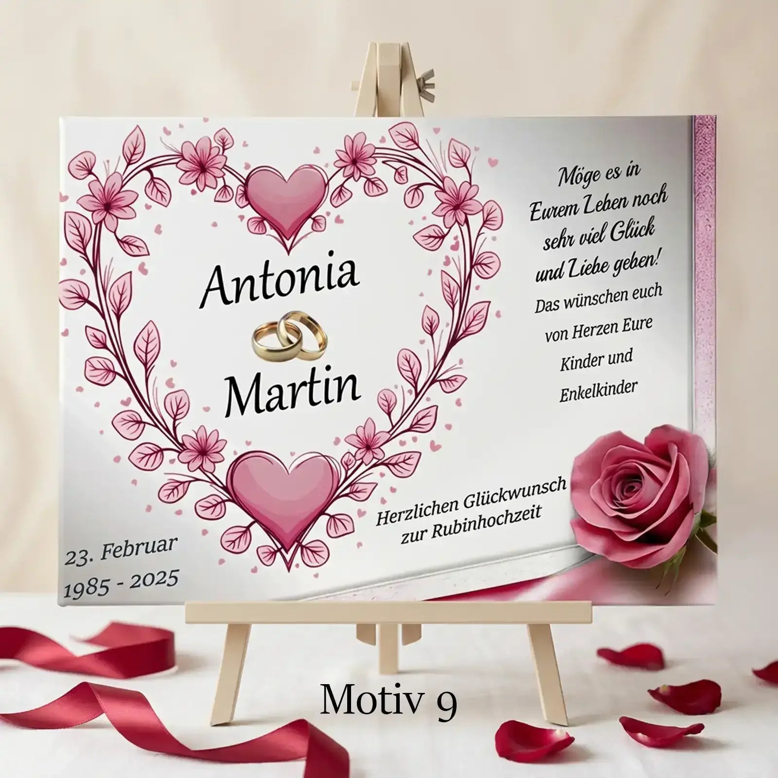 Geschenk zum 40. Hochzeitstag. Personalisierte Leinwand zur Rubinhochzeit mit stilvollem Motiv, Namen und Datum.