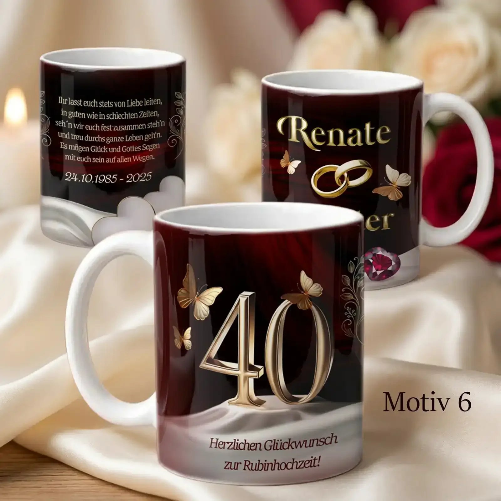Diese Tasse ist ein personalisiertes Geschenk zur Rubinhochzeit mit Namen und Design zum 40. Hochzeitstag.