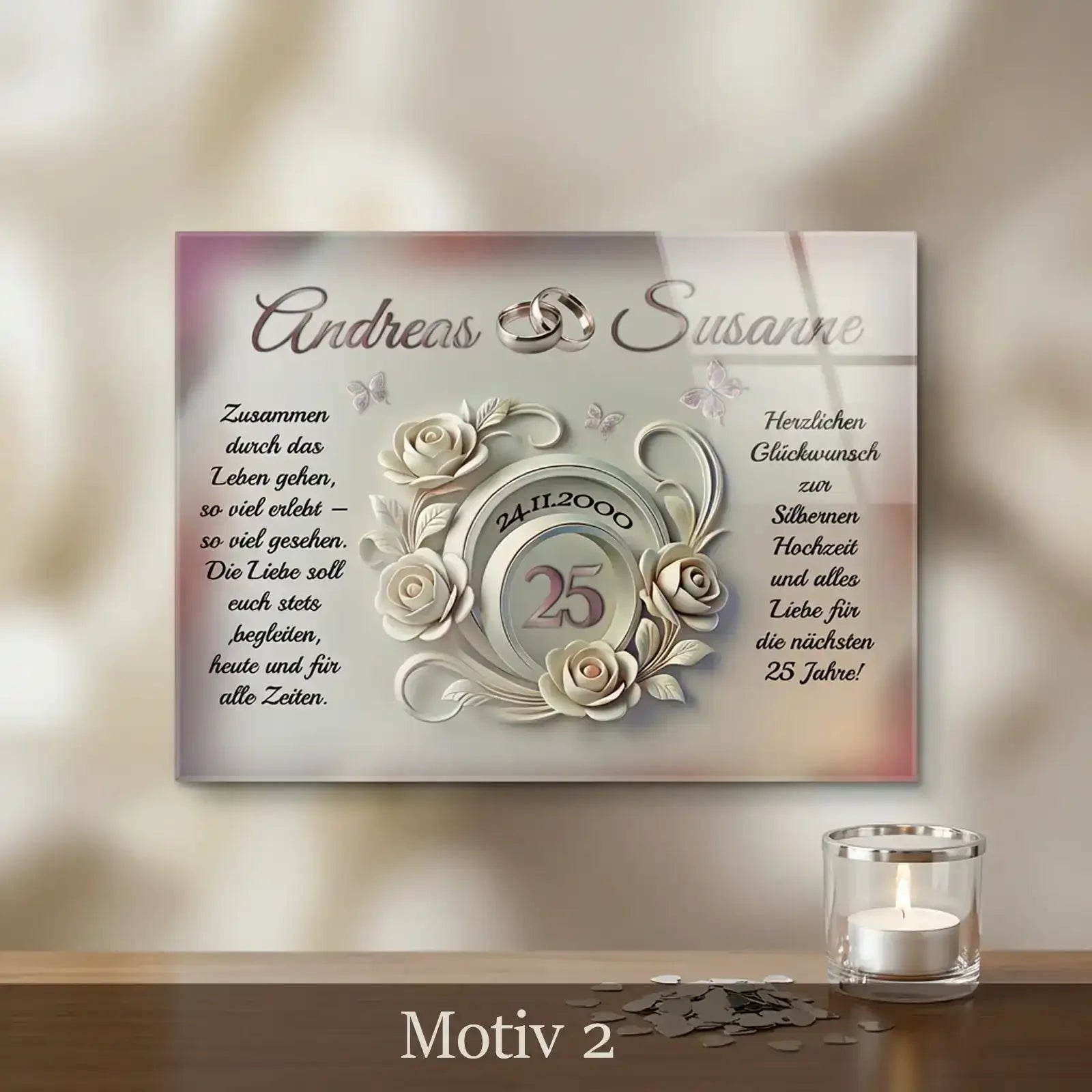 Geschenk zum 25. Hochzeitstag - bezauberndes Acrylglasbild mit passendem Motiv zur Silbernen Hochzeit. Personalisiert mit Namend das Paares, Hochzeitsdatum, Spruch und Widmung. Motiv2