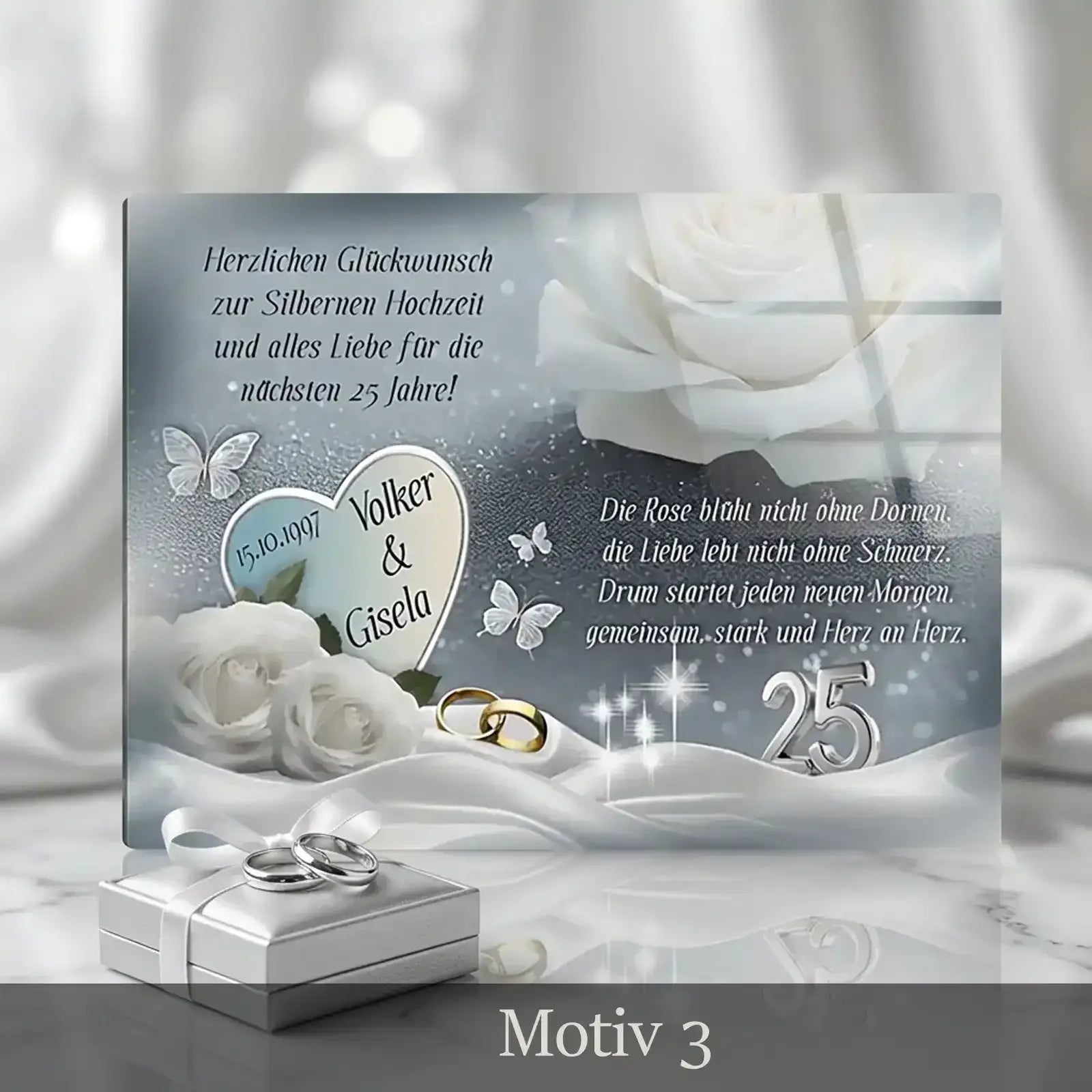 Geschenk zum 25. Hochzeitstag - bezauberndes Acrylglasbild mit passendem Motiv zur Silbernen Hochzeit. Personalisiert mit Namend das Paares, Hochzeitsdatum, Spruch und Widmung. Motiv3
