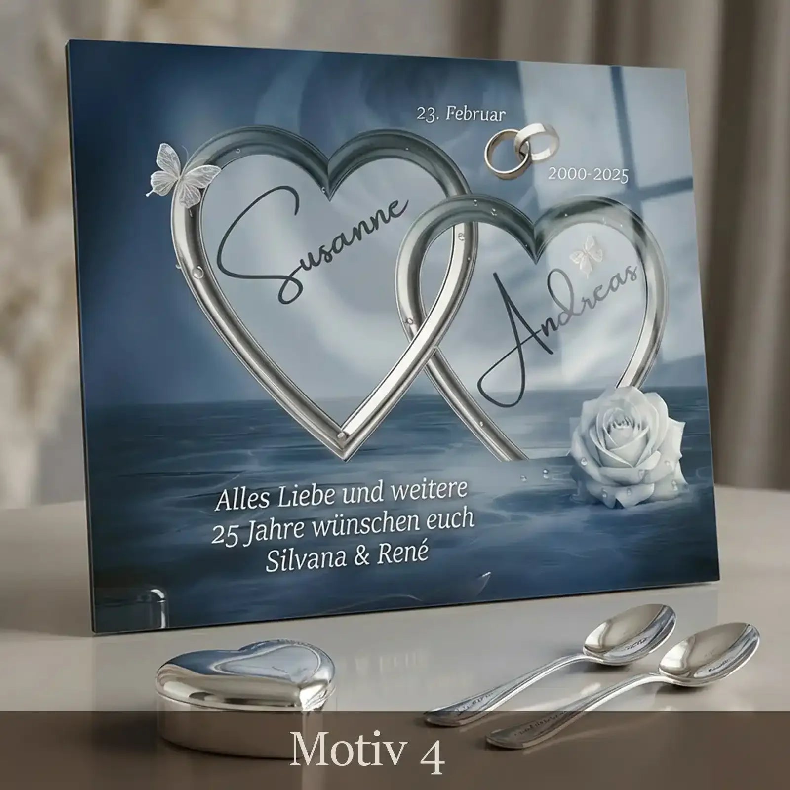 Geschenk zum 25. Hochzeitstag - bezauberndes Acrylglasbild mit passendem Motiv zur Silbernen Hochzeit. Personalisiert mit Namend das Paares, Hochzeitsdatum, Spruch und Widmung. Motiv4