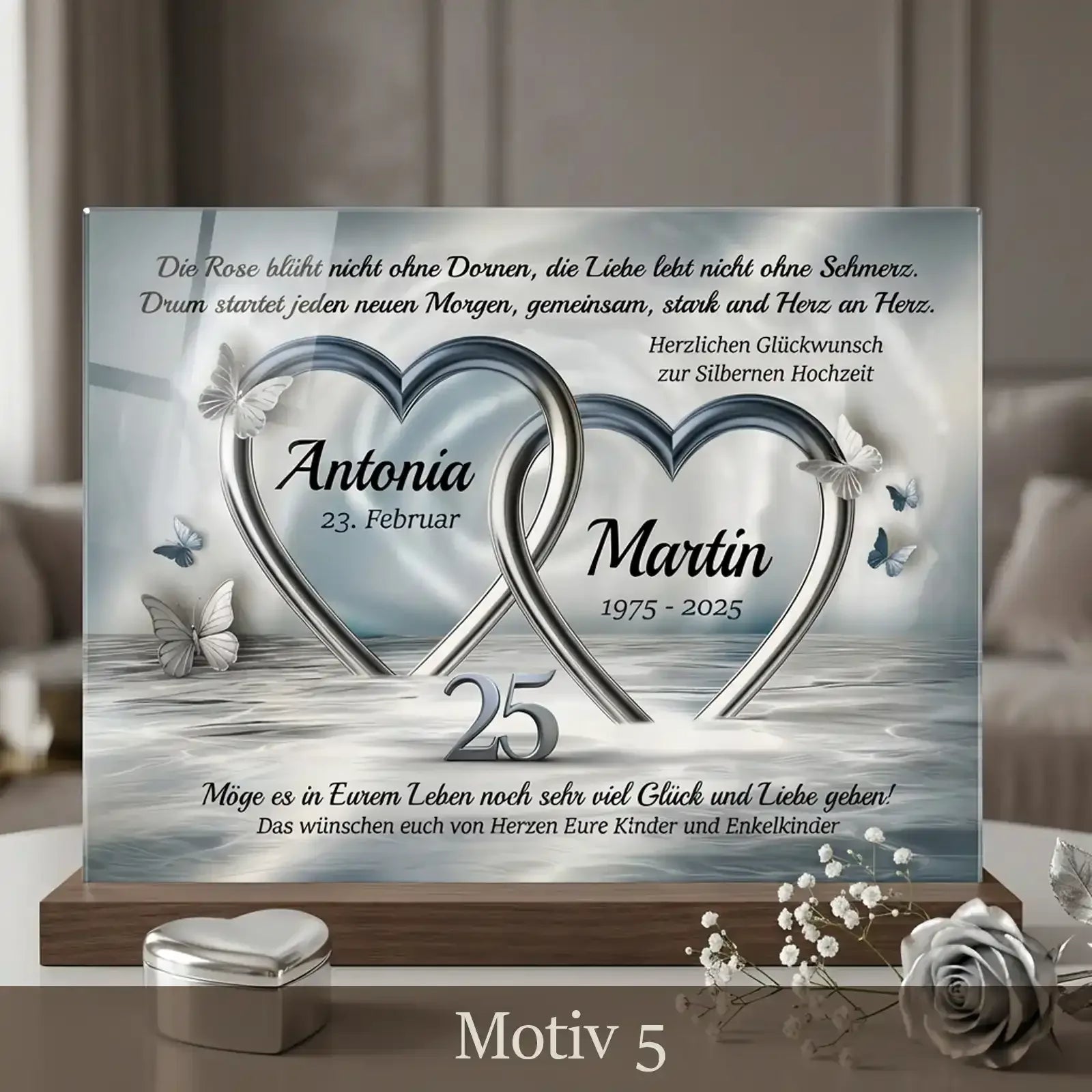 Geschenk zum 25. Hochzeitstag - bezauberndes Acrylglasbild mit passendem Motiv zur Silbernen Hochzeit. Personalisiert mit Namend das Paares, Hochzeitsdatum, Spruch und Widmung. Motiv5