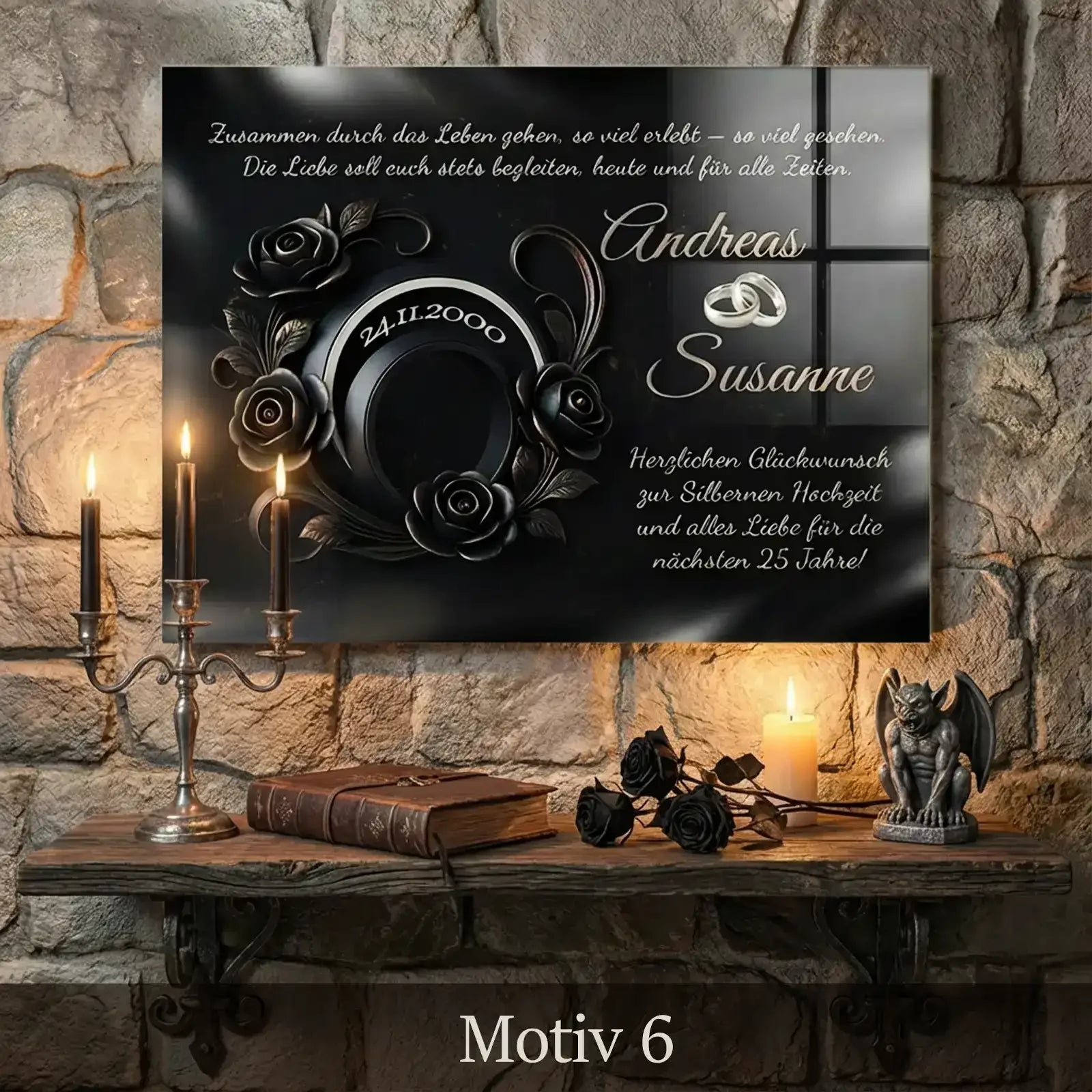 Geschenk zum 25. Hochzeitstag - bezauberndes Acrylglasbild mit passendem Motiv zur Silbernen Hochzeit. Personalisiert mit Namend das Paares, Hochzeitsdatum, Spruch und Widmung. Motiv6