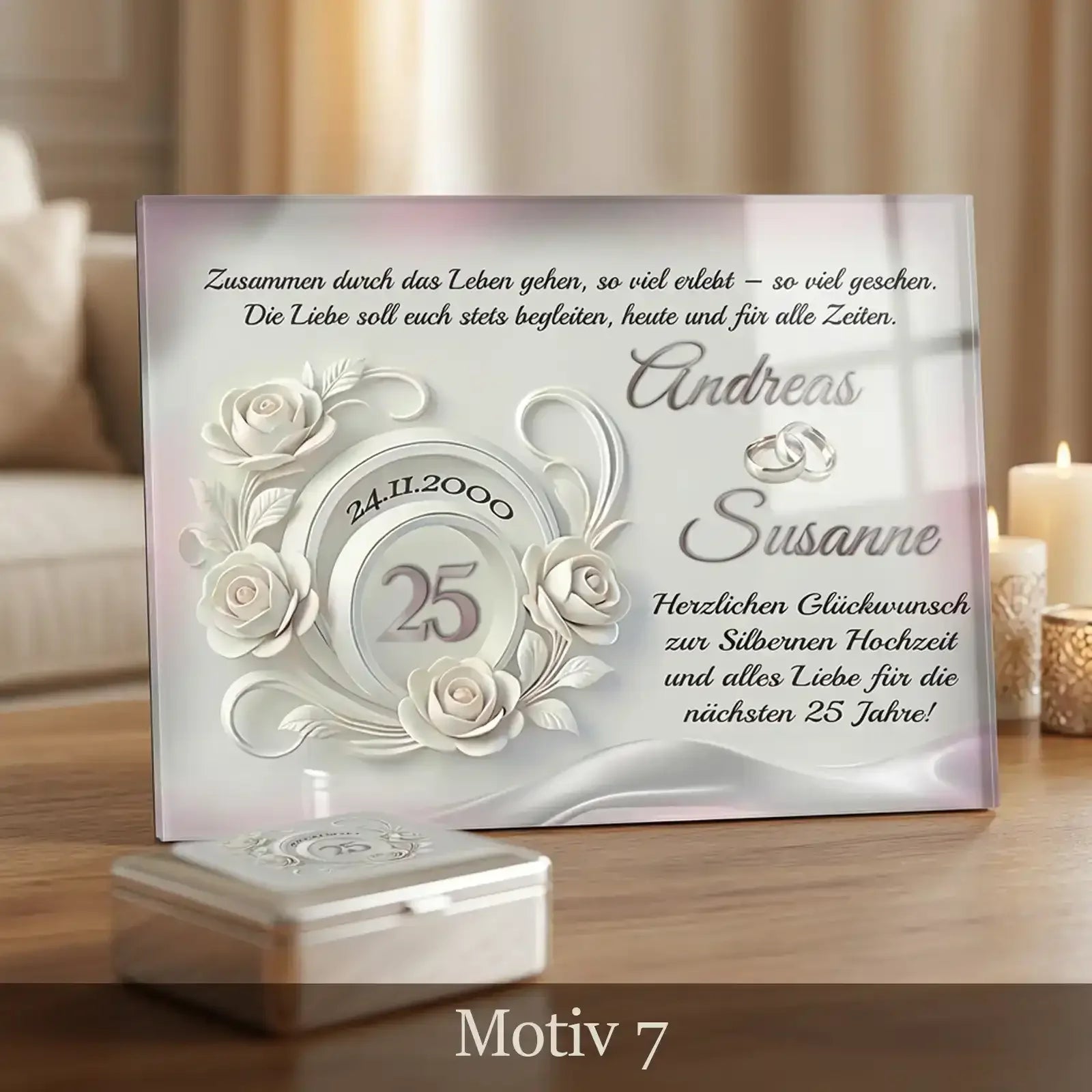 Geschenk zum 25. Hochzeitstag - bezauberndes Acrylglasbild mit passendem Motiv zur Silbernen Hochzeit. Personalisiert mit Namend das Paares, Hochzeitsdatum, Spruch und Widmung. Motiv7