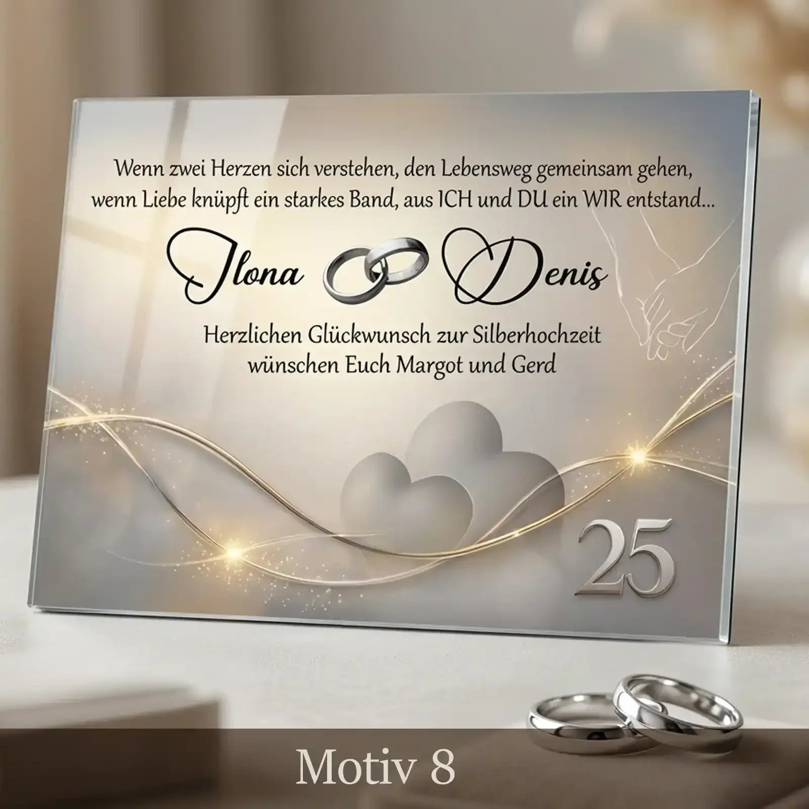 Geschenk zum 25. Hochzeitstag - bezauberndes Acrylglasbild mit passendem Motiv zur Silbernen Hochzeit. Personalisiert mit Namend das Paares, Hochzeitsdatum, Spruch und Widmung. Motiv8