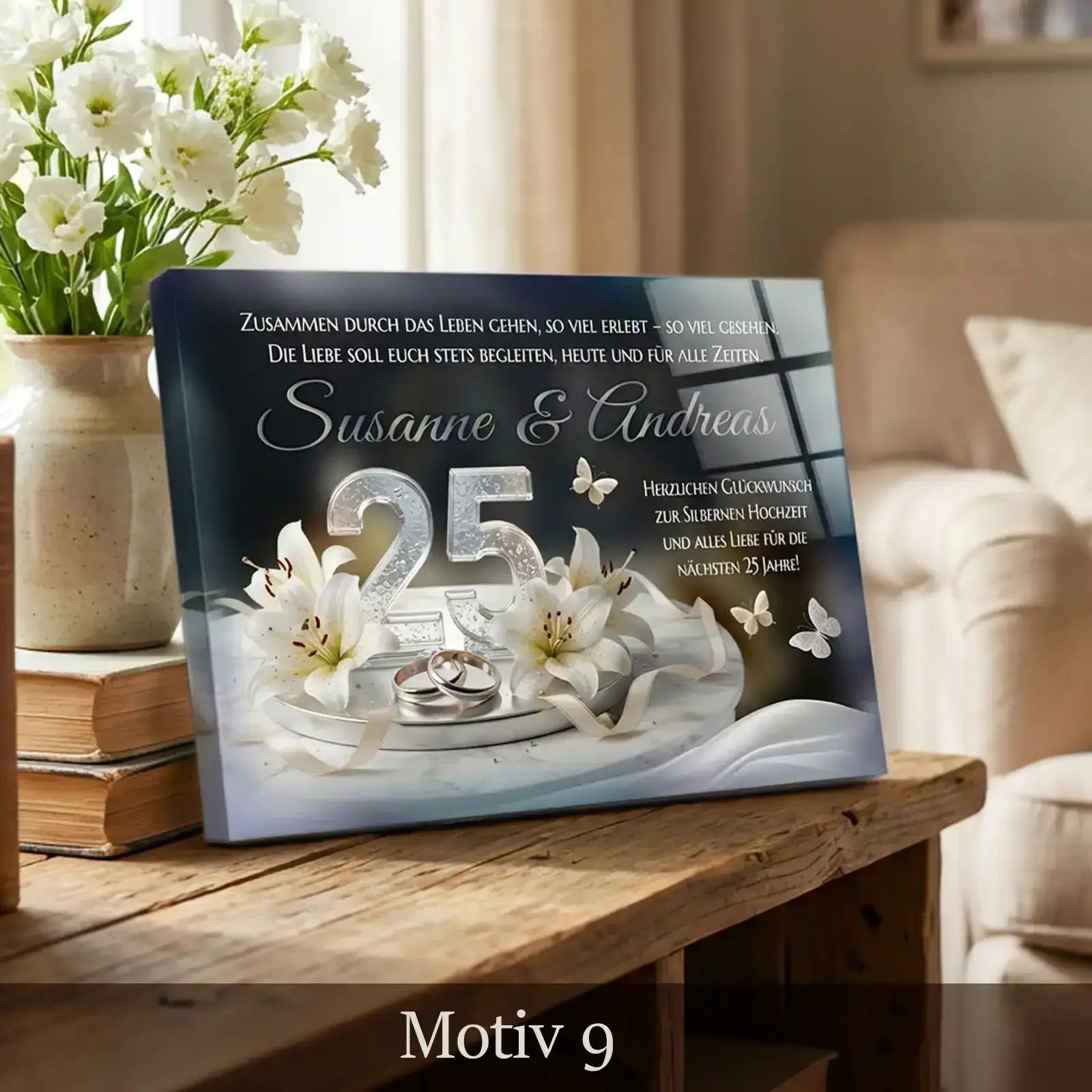 Geschenk zum 25. Hochzeitstag - bezauberndes Acrylglasbild mit passendem Motiv zur Silbernen Hochzeit. Personalisiert mit Namend das Paares, Hochzeitsdatum, Spruch und Widmung. Motiv9