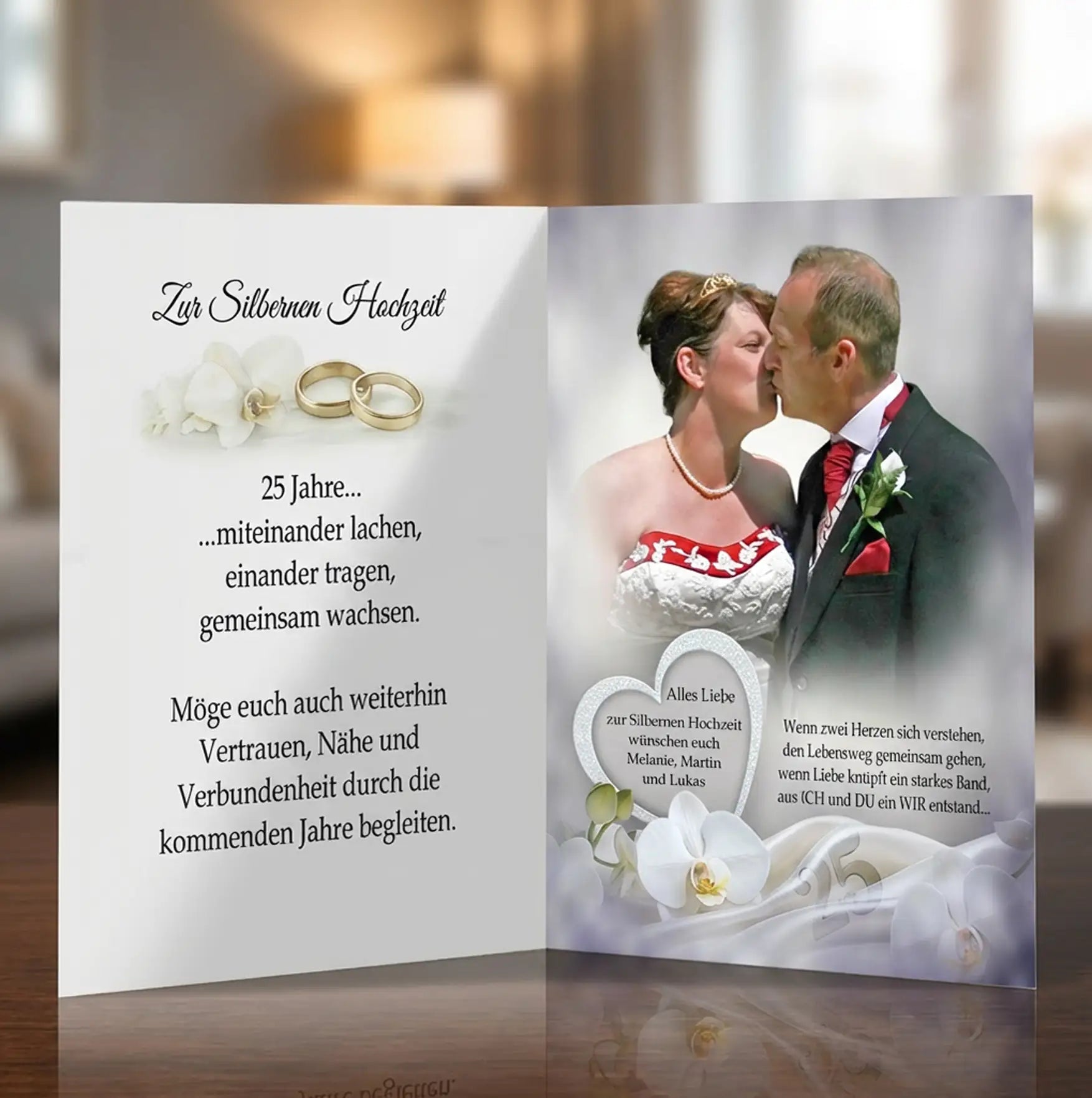 Geschenk zur Silbernen Hochzeit - Individuelle Grußkarte mit persönlichen Erinnerungen und romantischem Design.