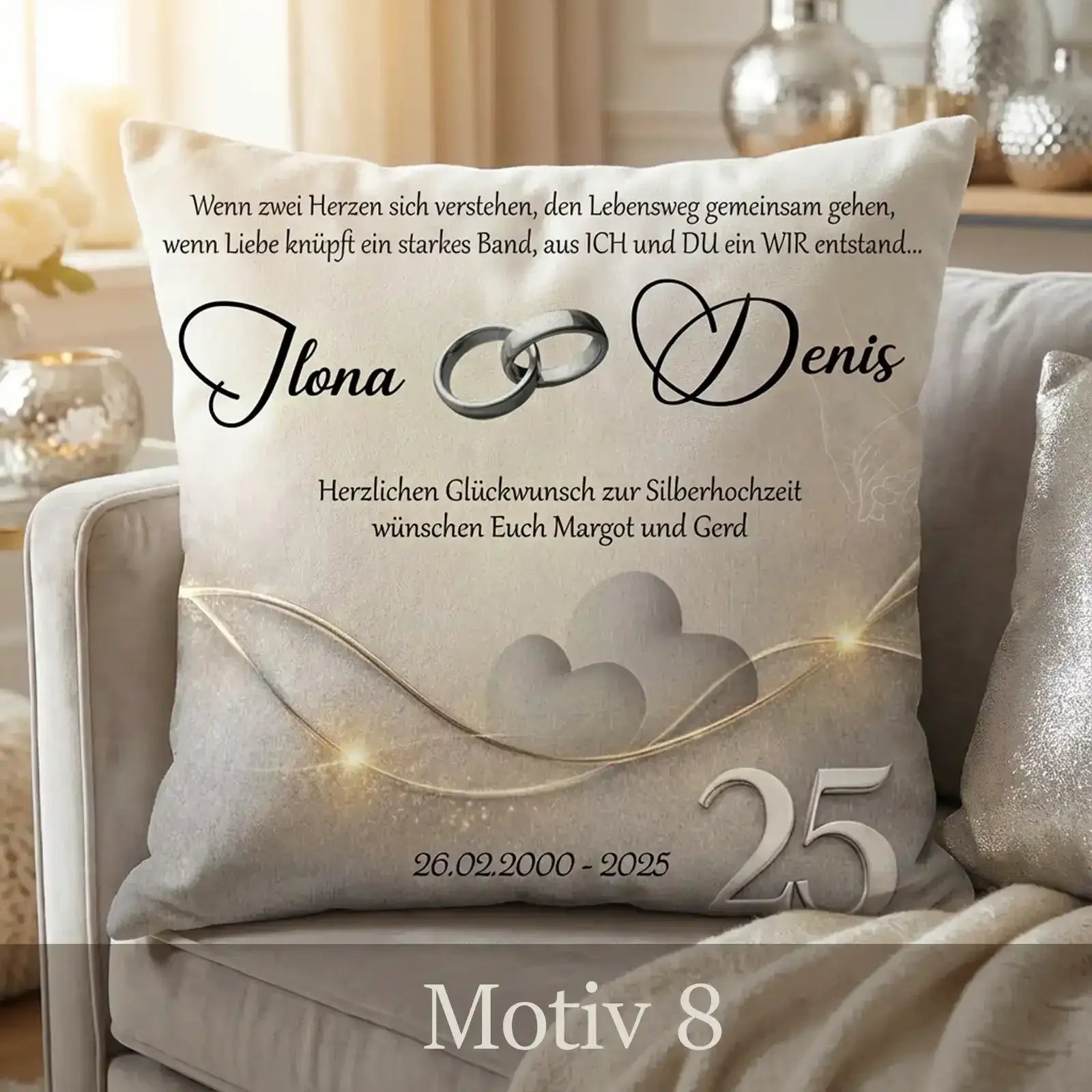 Geschenk zum 25. Hochzeitstag. Personalisiertes Kissen zur Silberhochzeit mit stilvollem Motiv, Namen und Datum.