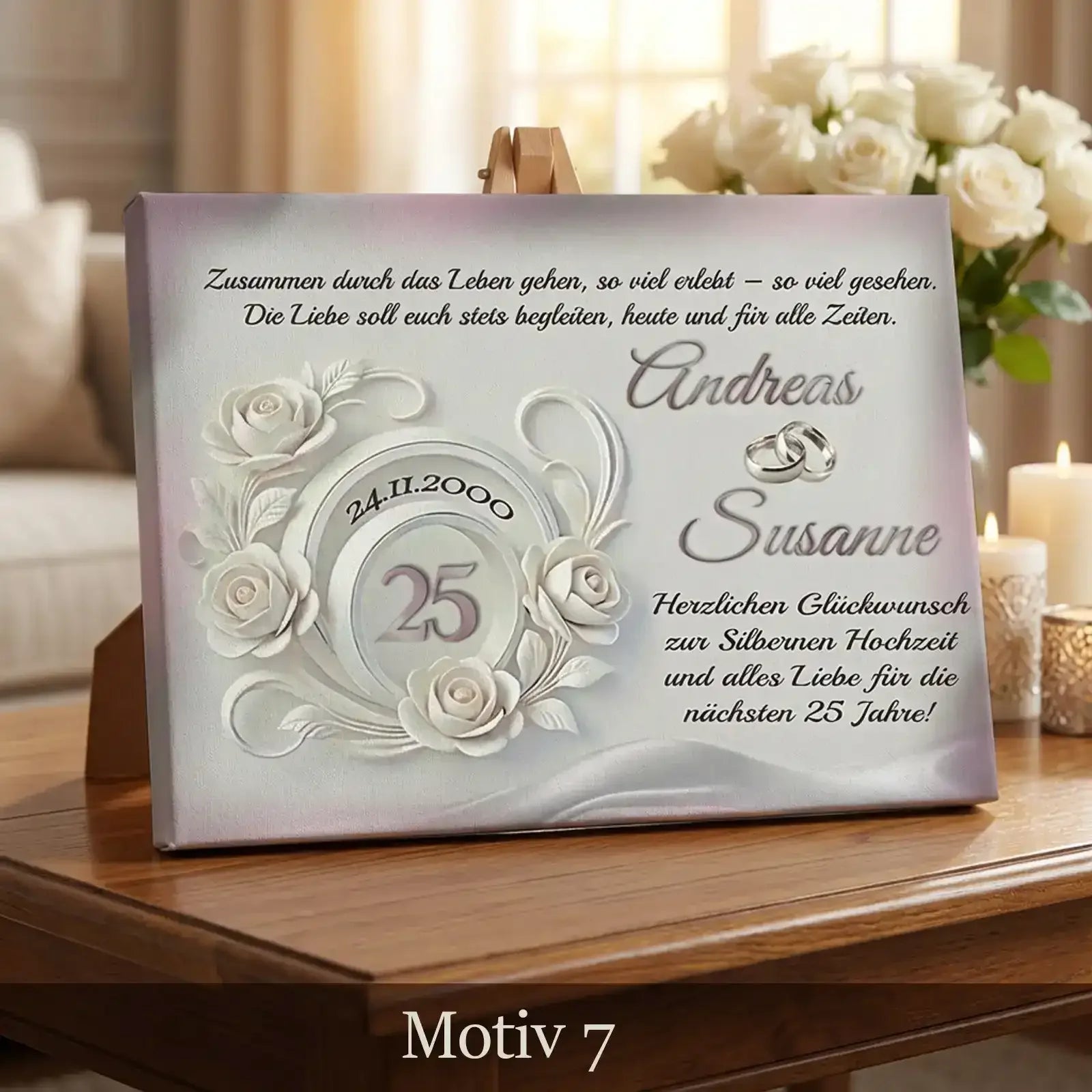 Einzigartiges Geschenk zum 25. Hochzeitstag. Leinwand zur Silbernen Hochzeit personalisiert mit Namen und Datum.