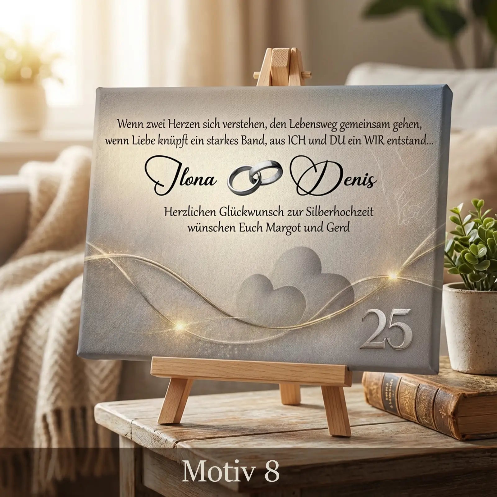 Geschenk zum 25. Hochzeitstag. Personalisierte Leinwand zur Silberhochzeit mit stilvollem Motiv, Namen und Datum.
