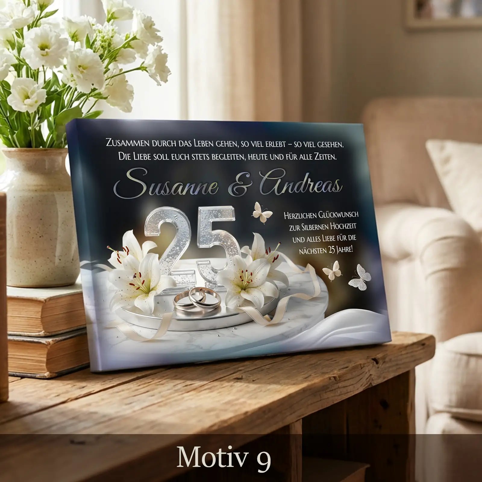 Hochwertiges Geschenk zum 25. Hochzeitstag. Leinwand zur Silbernen Hochzeit individuell personalisiert mit Namen und Datum.