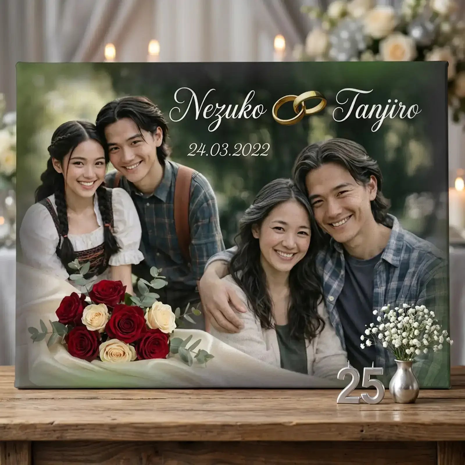 Geschenk zur Silbernen Hochzeit: Leinwand mit Foto und Namen zum 25. Hochzeitstag - Nezuko-Tanjiro