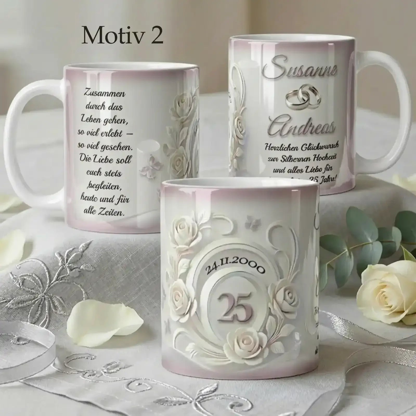 Diese Tasse ist ein personalisiertes Geschenk zur Silberhochzeit und wird zum 25. Hochzeitstag individuell gestaltet.
