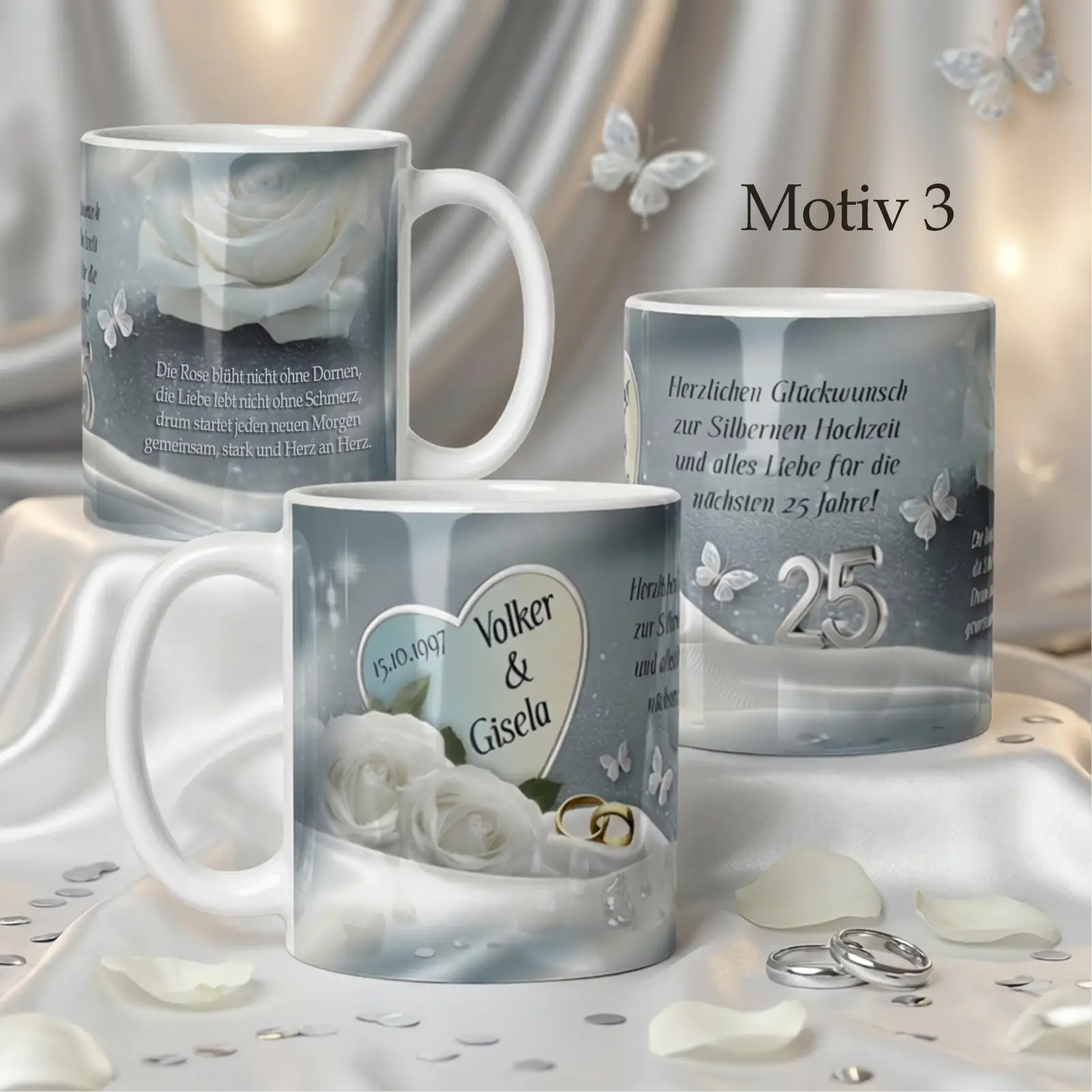 Dieses personalisierte Geschenk zur Silberhochzeit zeigt eine Tasse mit Namen zum 25. Hochzeitstag.