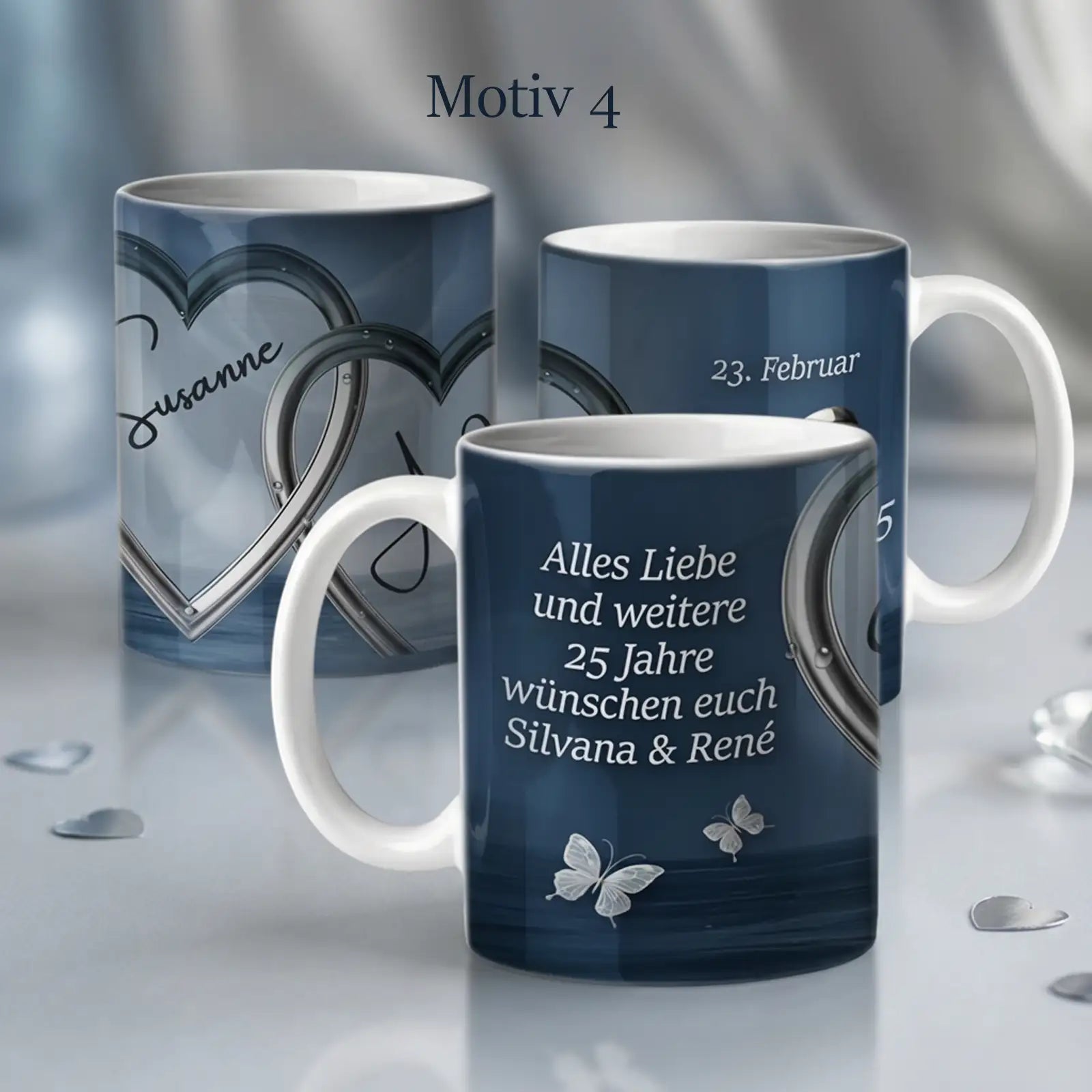 Eine individuell gestaltete Tasse ist ein personalisiertes Geschenk zur silbernen Hochzeit für den 25. Hochzeitstag.