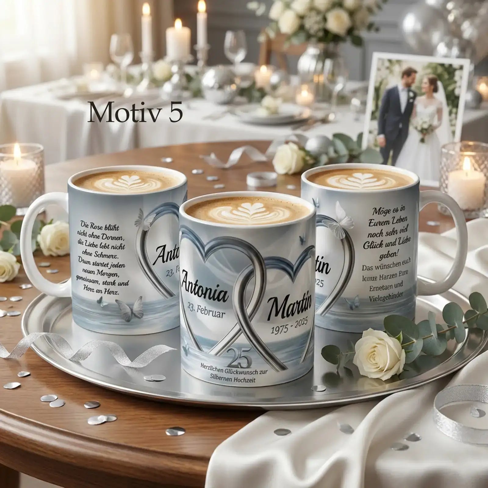 Diese Tasse ist ein personalisiertes Geschenk zur Silberhochzeit mit Namen und Design zum 25. Hochzeitstag.
