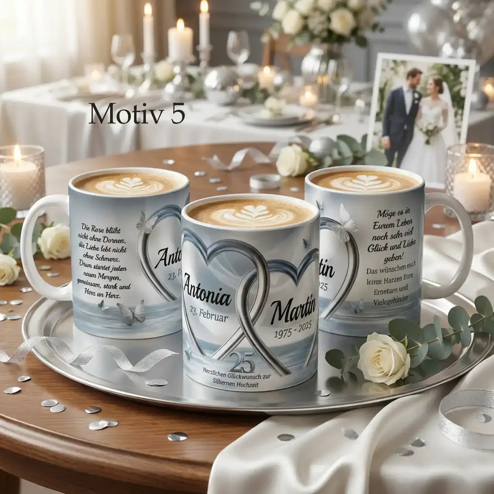 Diese Tasse ist ein personalisiertes Geschenk zur Silberhochzeit mit Namen und Design zum 25. Hochzeitstag.