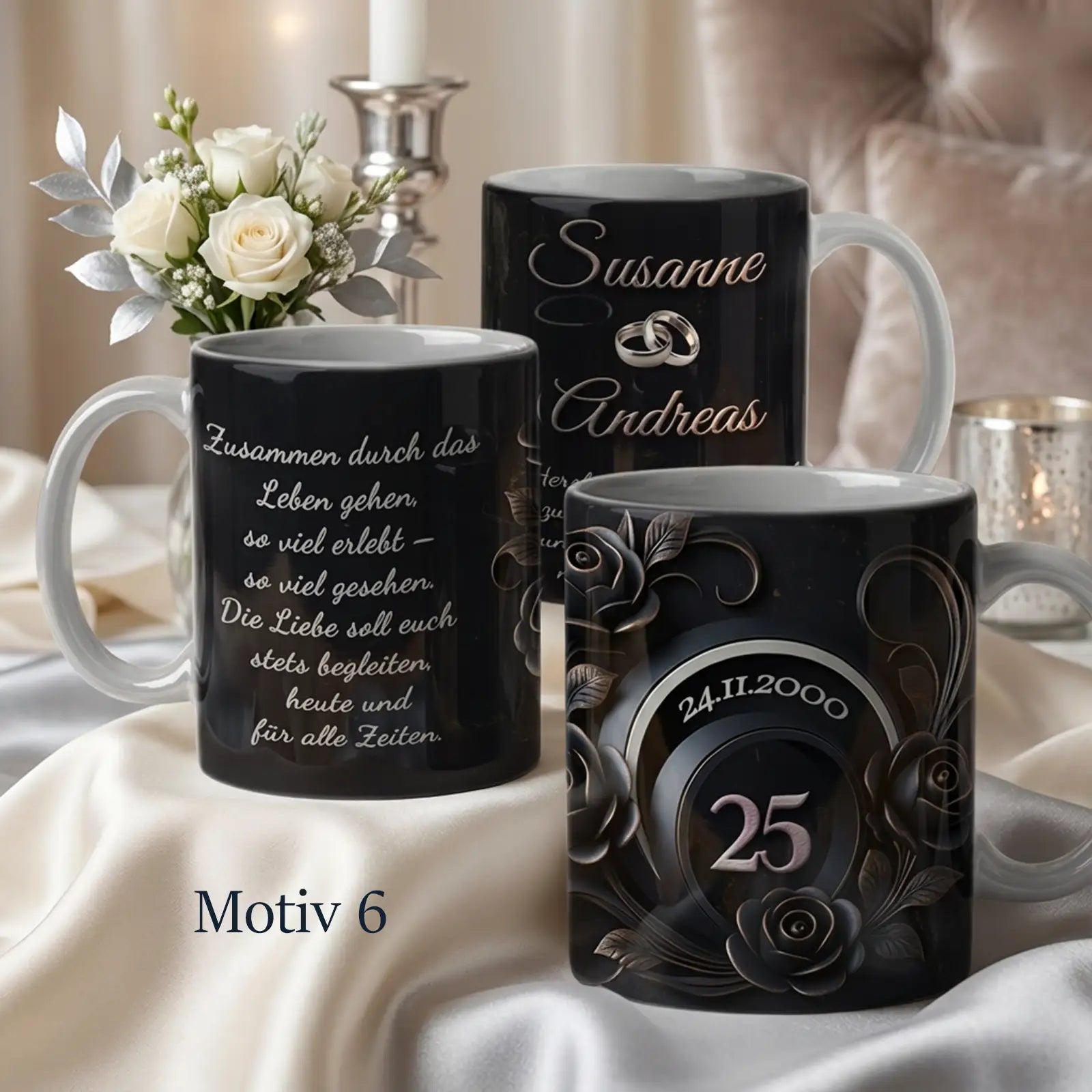 Ein personalisiertes Geschenk zur silbernen Hochzeit als Tasse mit liebevollem Motiv zum 25. Hochzeitstag.