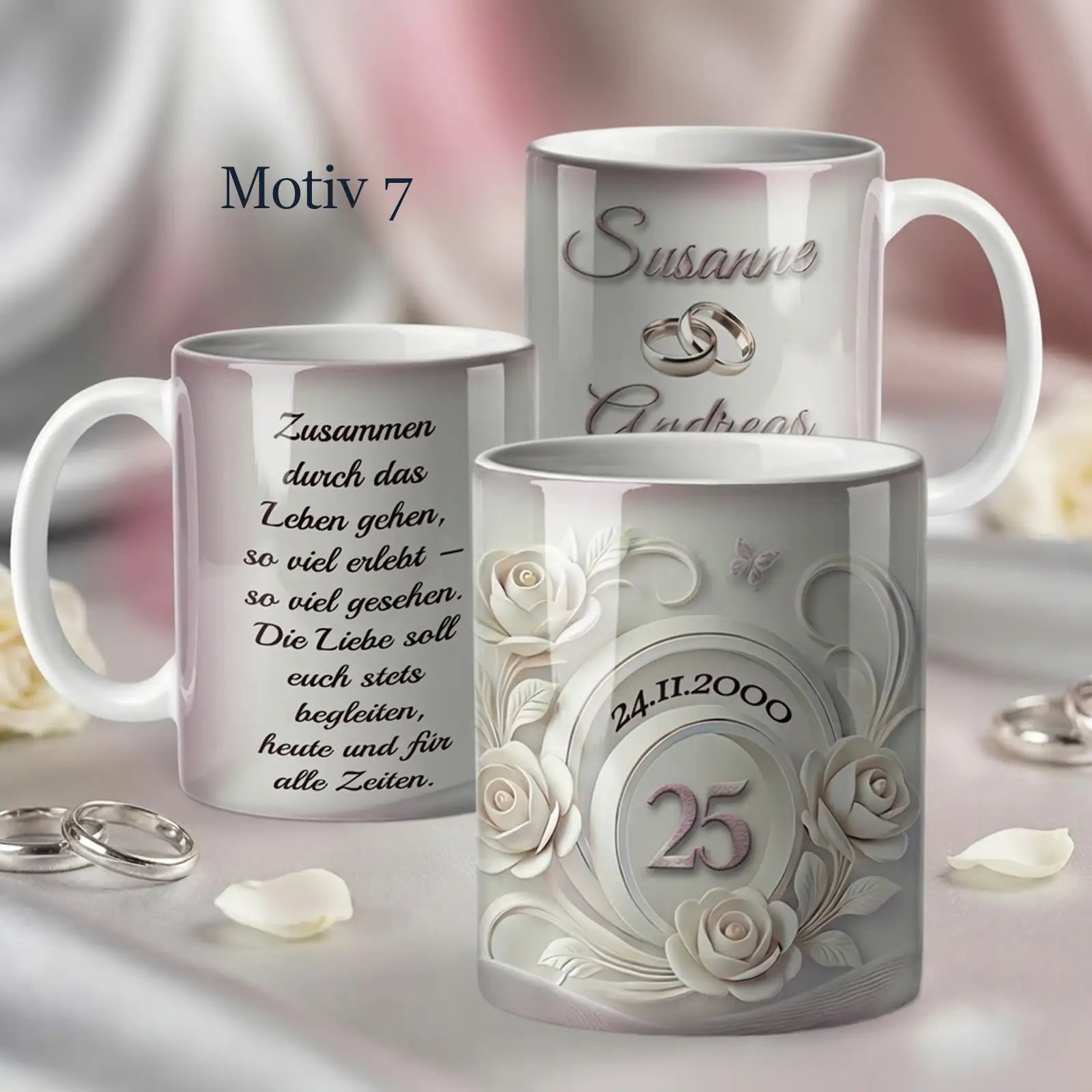 Diese Tasse wird als personalisiertes Geschenk zur Silberhochzeit zum 25. Hochzeitstag gestaltet.