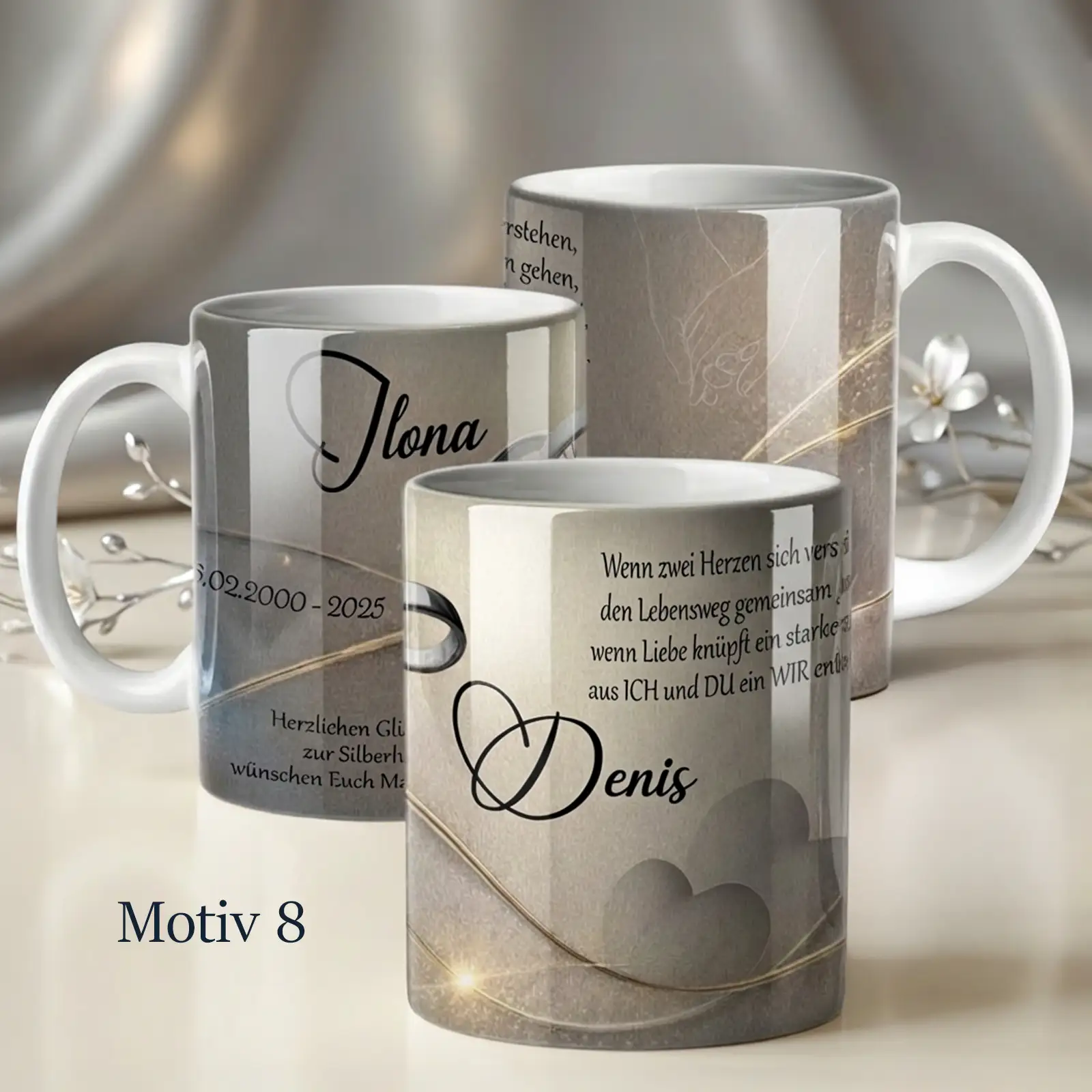Eine besondere Tasse als personalisiertes Geschenk zur silbernen Hochzeit mit Namen zum 25. Hochzeitstag.