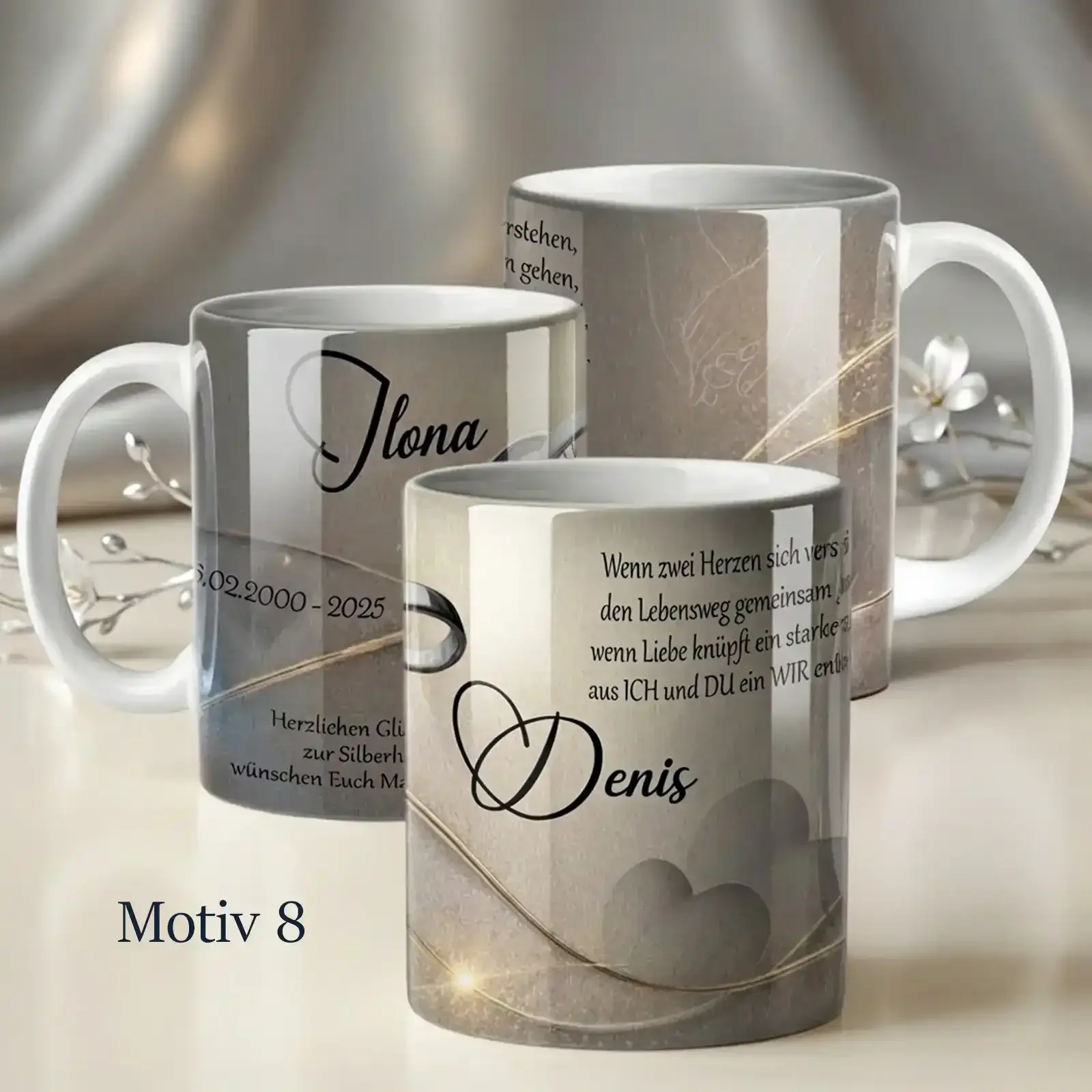 Eine besondere Tasse als personalisiertes Geschenk zur silbernen Hochzeit mit Namen zum 25. Hochzeitstag.
