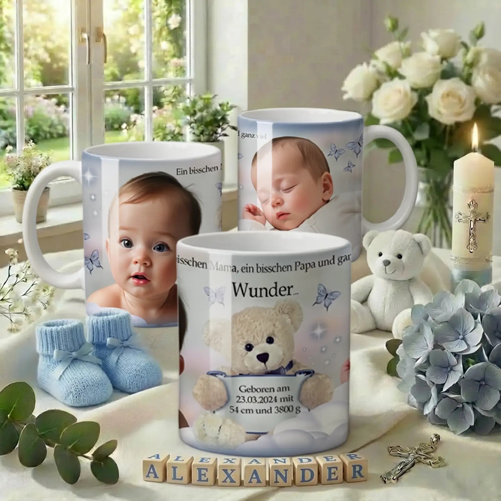 personalisierte Babytasse zur Taufe mit Foto und Namen – Geschenk für frischgebackene Eltern, liebevolles Motiv mit Teddy und Schmetterlingen