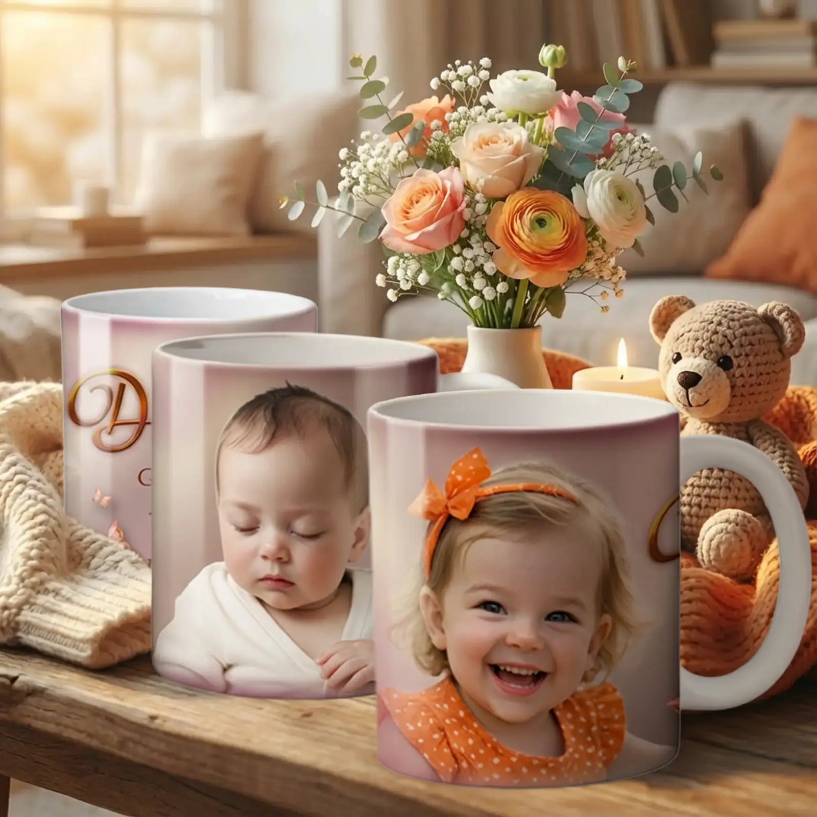 Geschenk zur Geburt oder Taufe, personalisierte Tasse mit Fotos und persönlichen Texten.