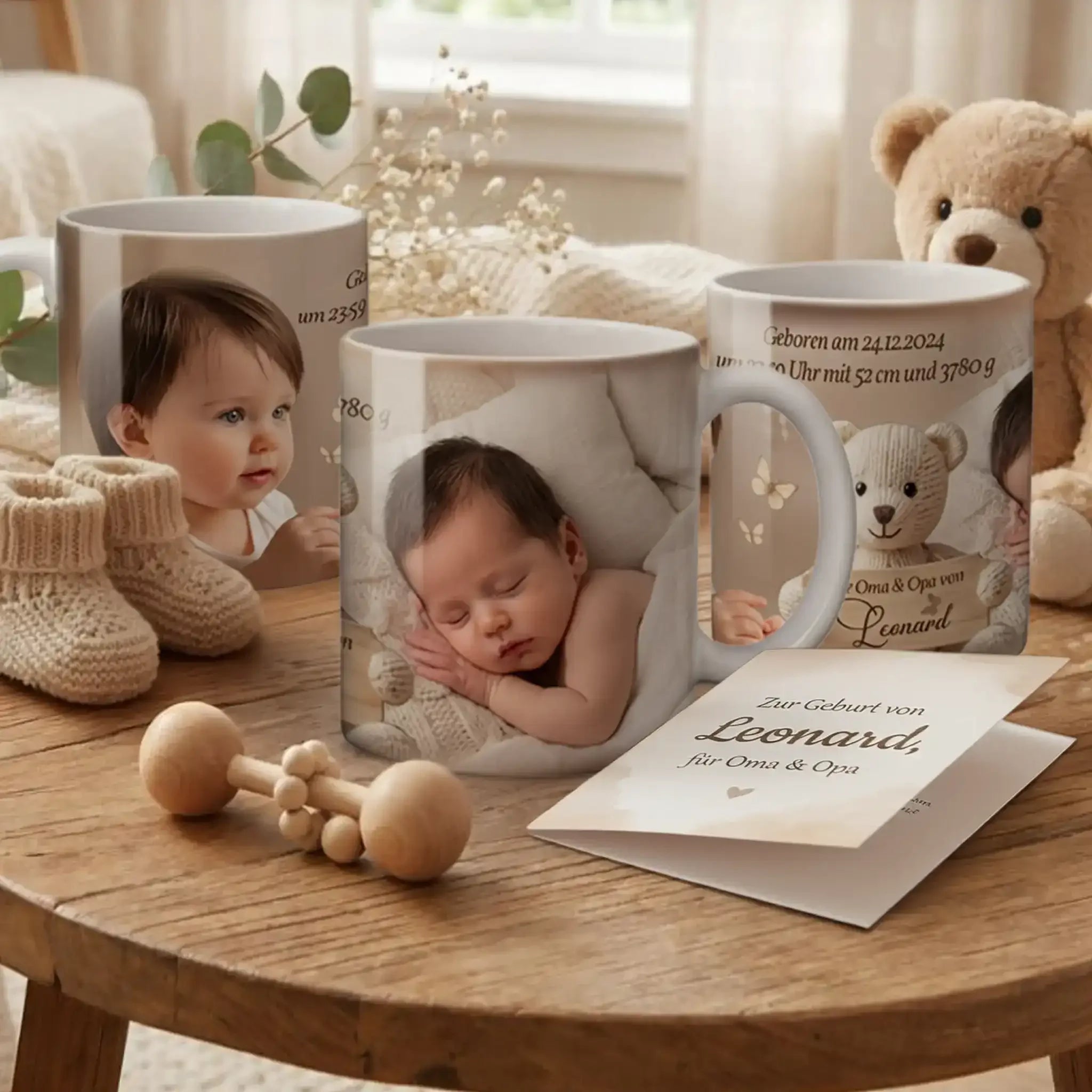 Personalisierte Fototasse als Geschenk zur Geburt oder Taufe, mit Namen, Geburtsdaten und Teddybär-Motiv,
