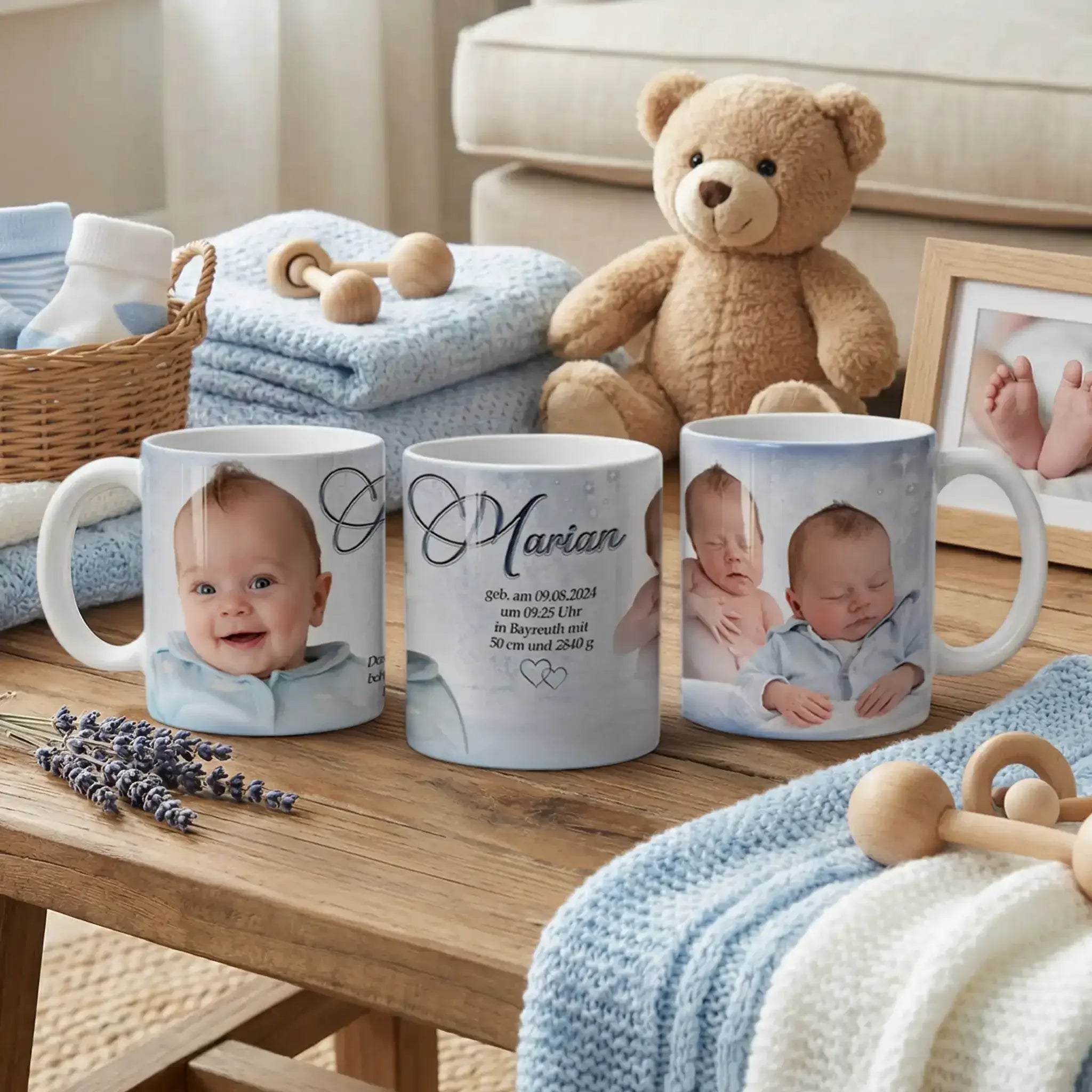 Baby-Tasse mit Namen Marian – personalisiertes Geschenk zur Geburt für Eltern und Großeltern – Foto-Tasse mit persönlichen Daten