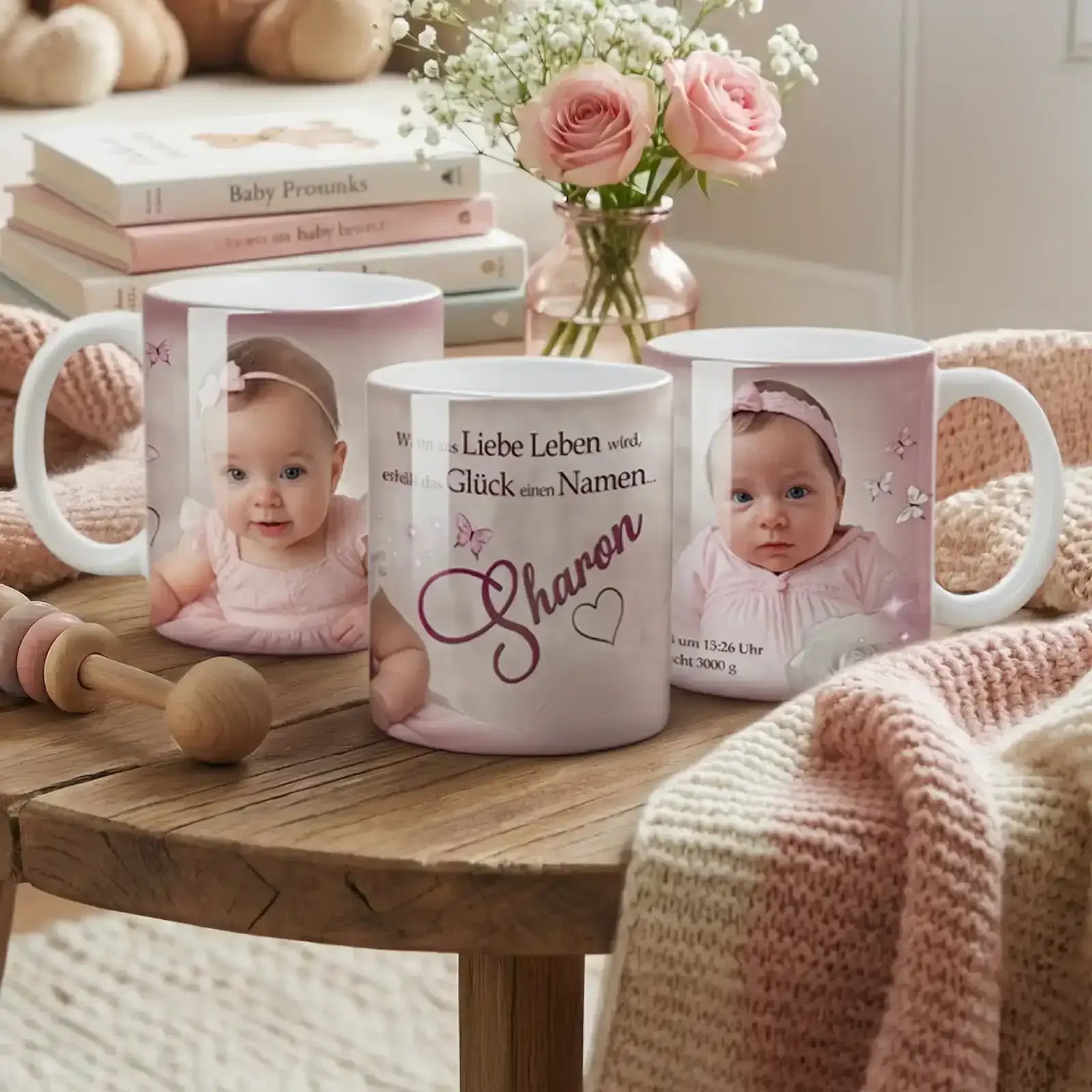 Personalisierte Baby Tasse als Geschenk zur Taufe oder Geburt, liebevoll gestaltet mit Foto & Name