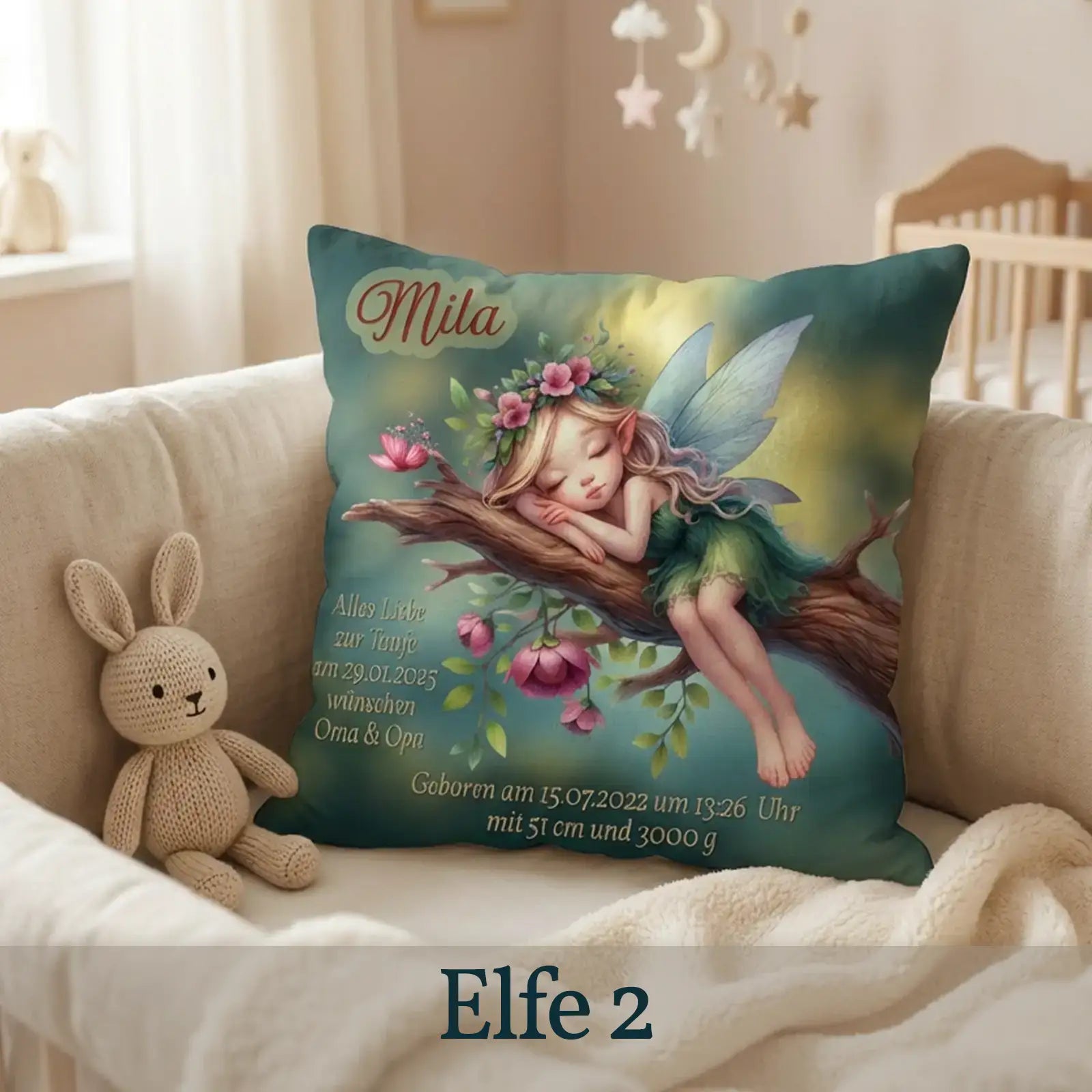 Geschenk zur Taufe. Personalisiertes Kissen mit Elfen-Motiv, Namen des Babys, Spruch und Datum.