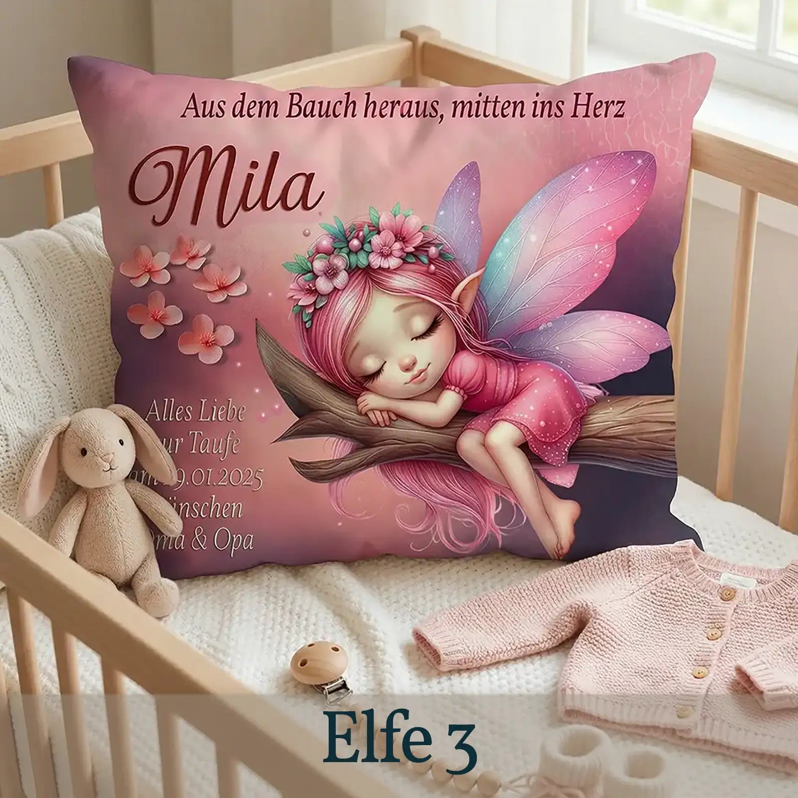 Kissen zur Taufe. Geschenk mit Elfen-Motiv, personalisiert mit Name des Babys, Spruch und Geburtsdaten.